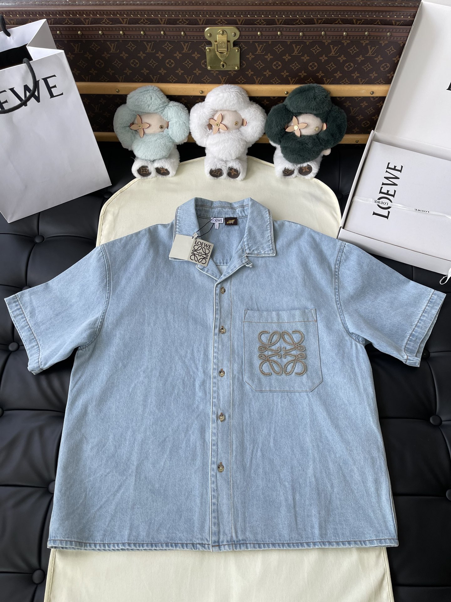 Anagram-Pocket Short-Sleeve Denim Shirt — product photograph