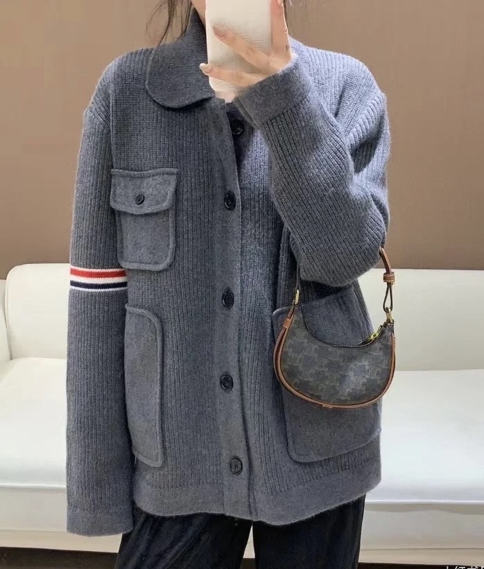 Ribbed Tricolor-Arm Utility Cardigan — product photograph