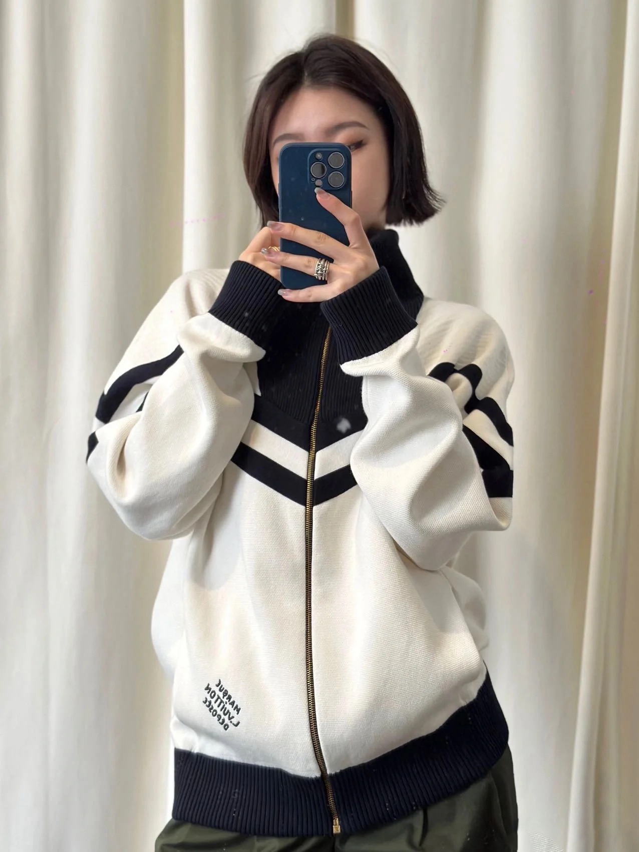 Cream Chevron-Stripe Zip Cardigan — product photograph