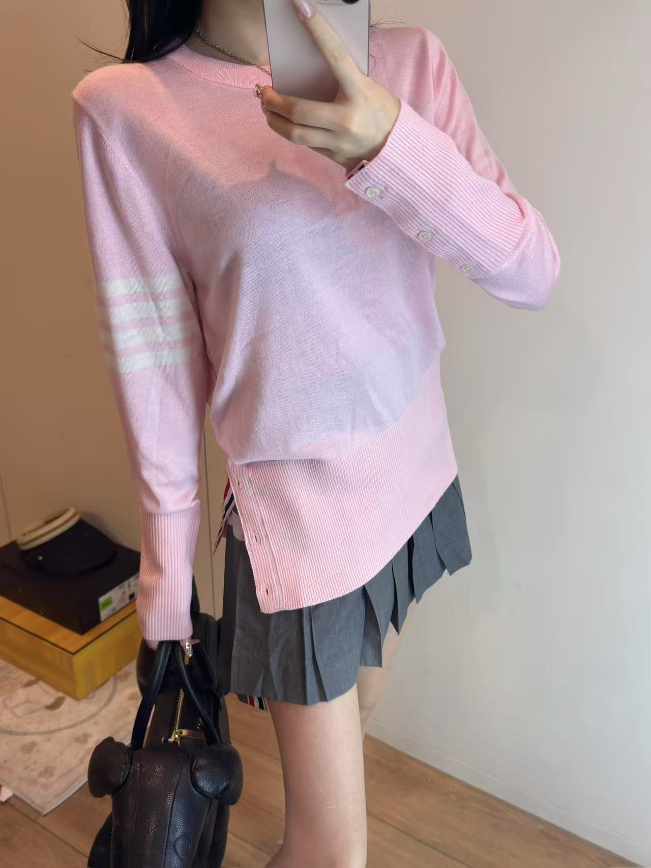 Pink Tonal Four-Bar Crewneck Sweater — product photograph
