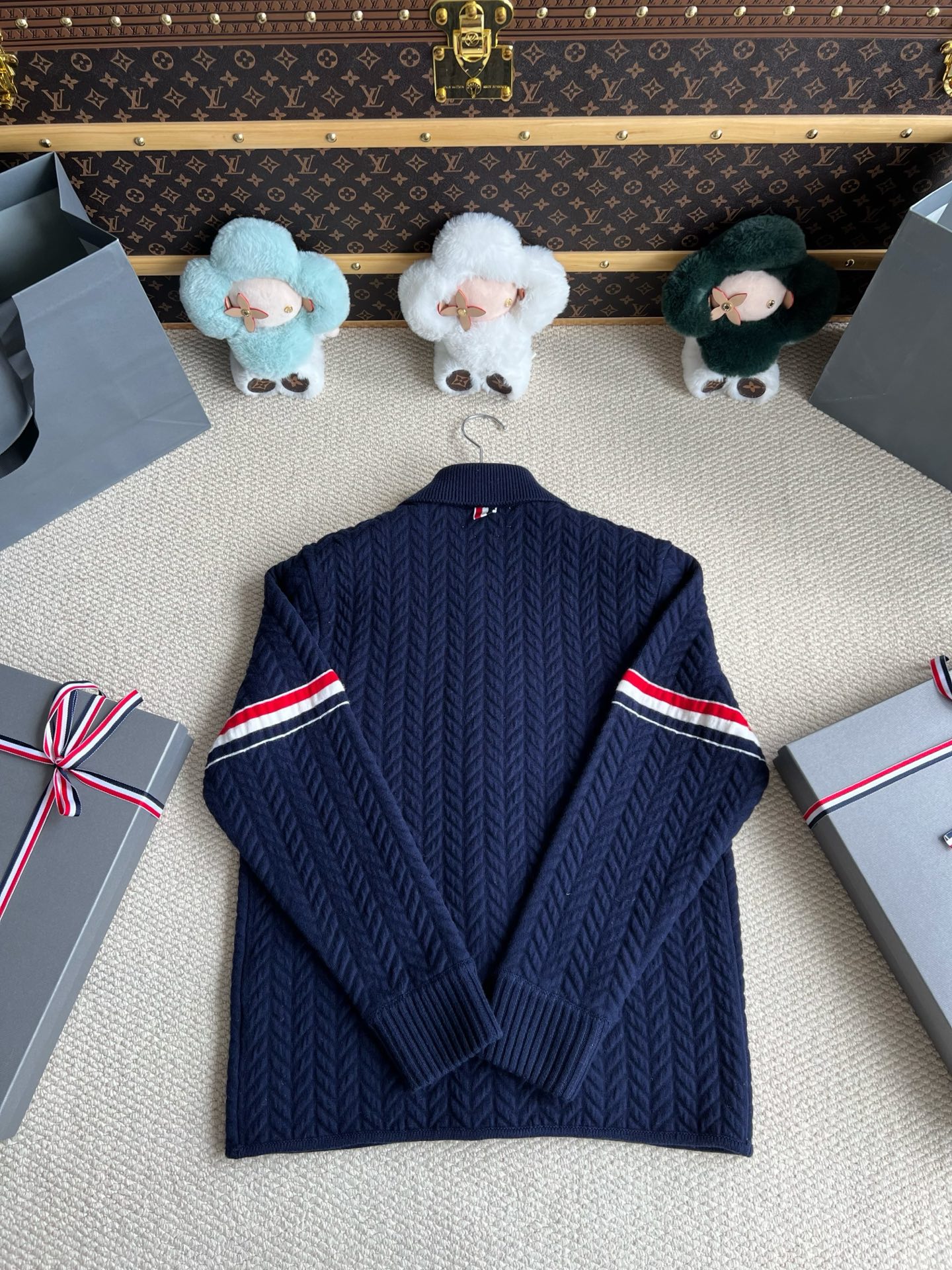 Herringbone Tricolor-Arm Collared Cardigan — product photograph