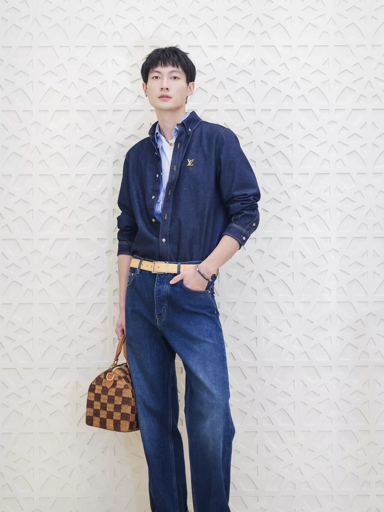 Monogram-Chest Button-Down Denim Shirt — product photograph