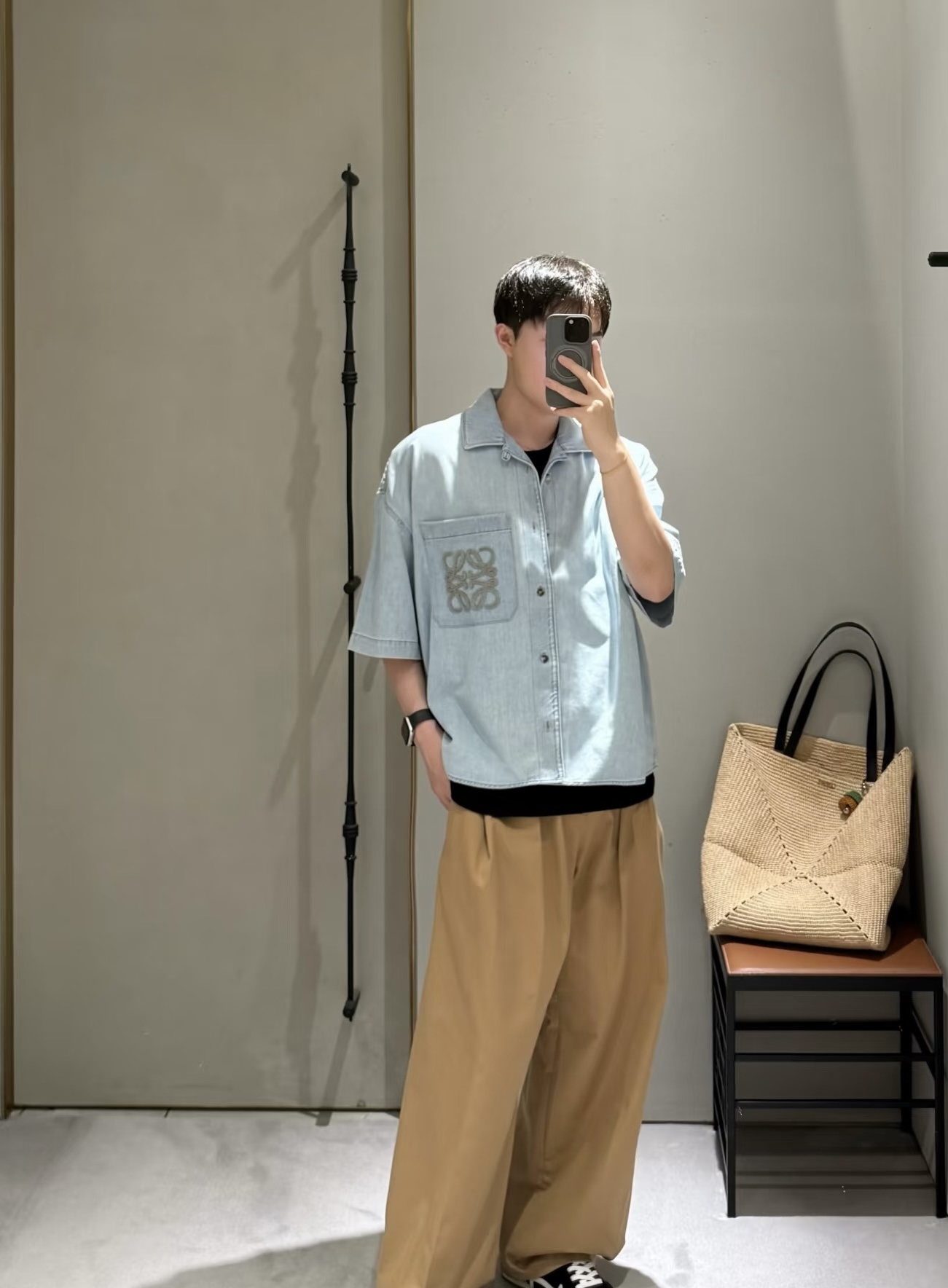 Anagram-Pocket Short-Sleeve Denim Shirt — product photograph