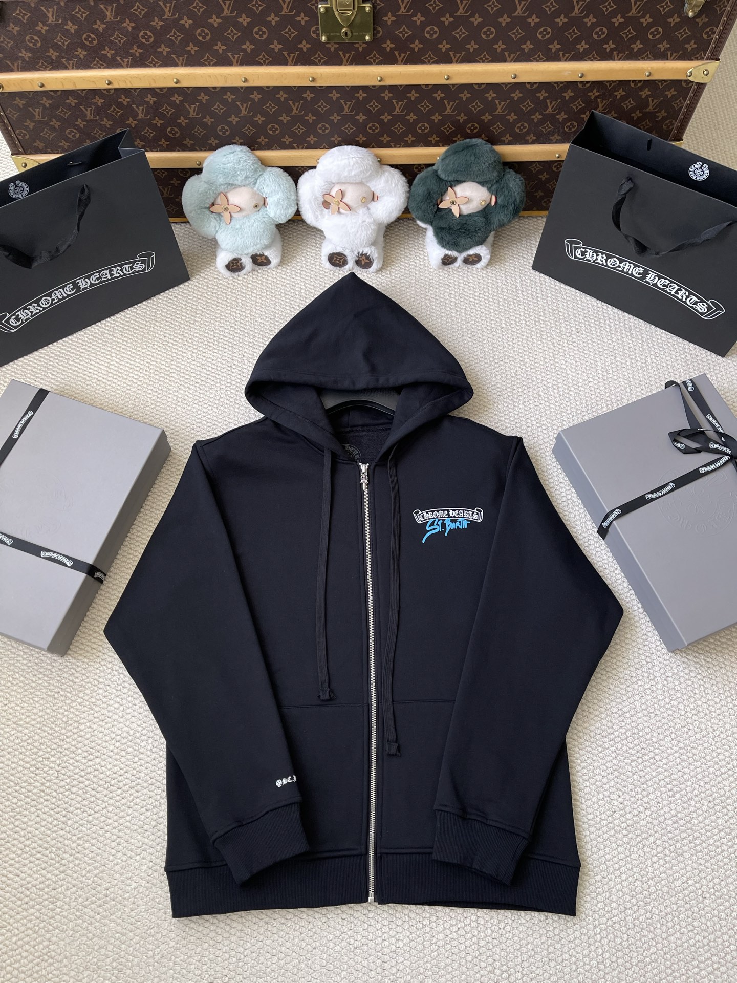 Blue-Script Back Zip Hoodie — product photograph