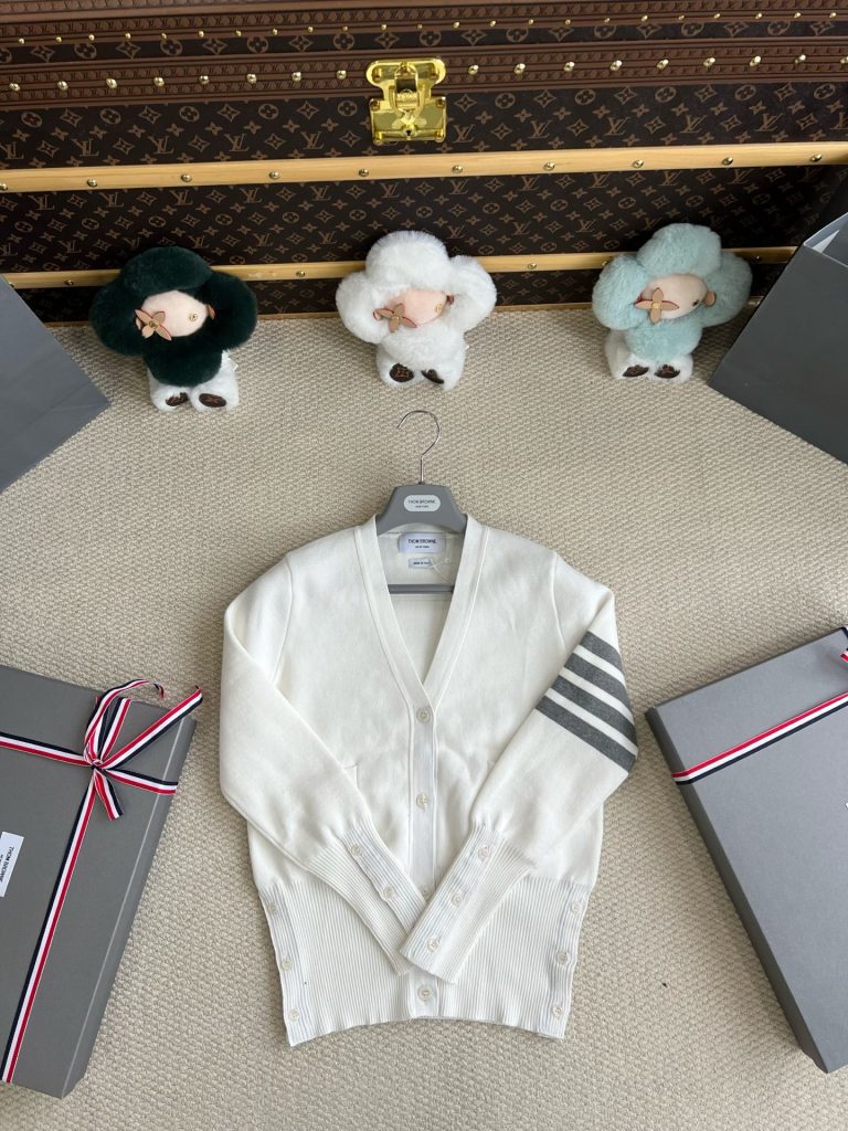 Four-Bar V-Neck Cardigan with Button Cuffs — product photograph