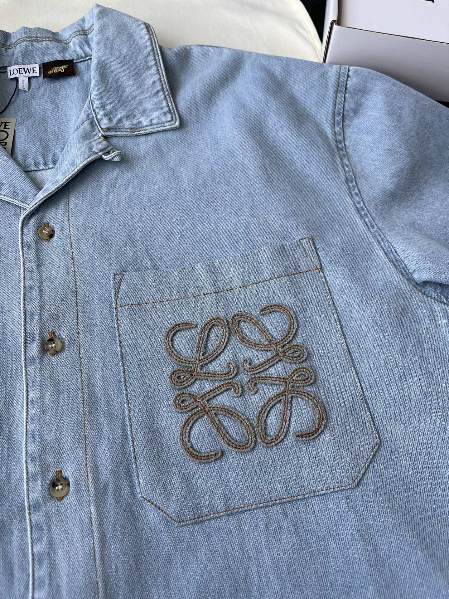 Anagram-Pocket Short-Sleeve Denim Shirt — product photograph