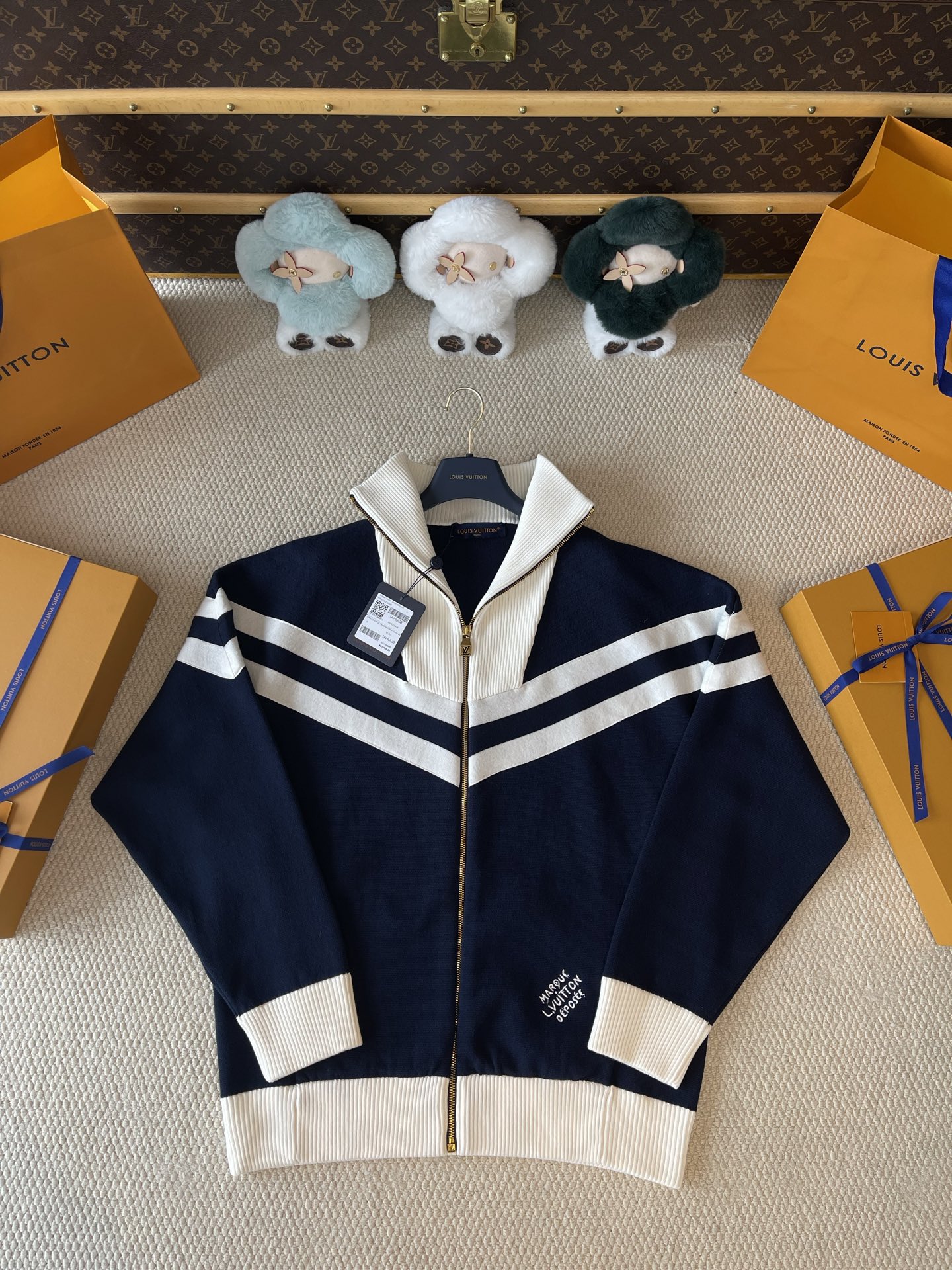 Navy Chevron-Stripe Zip Cardigan — product photograph