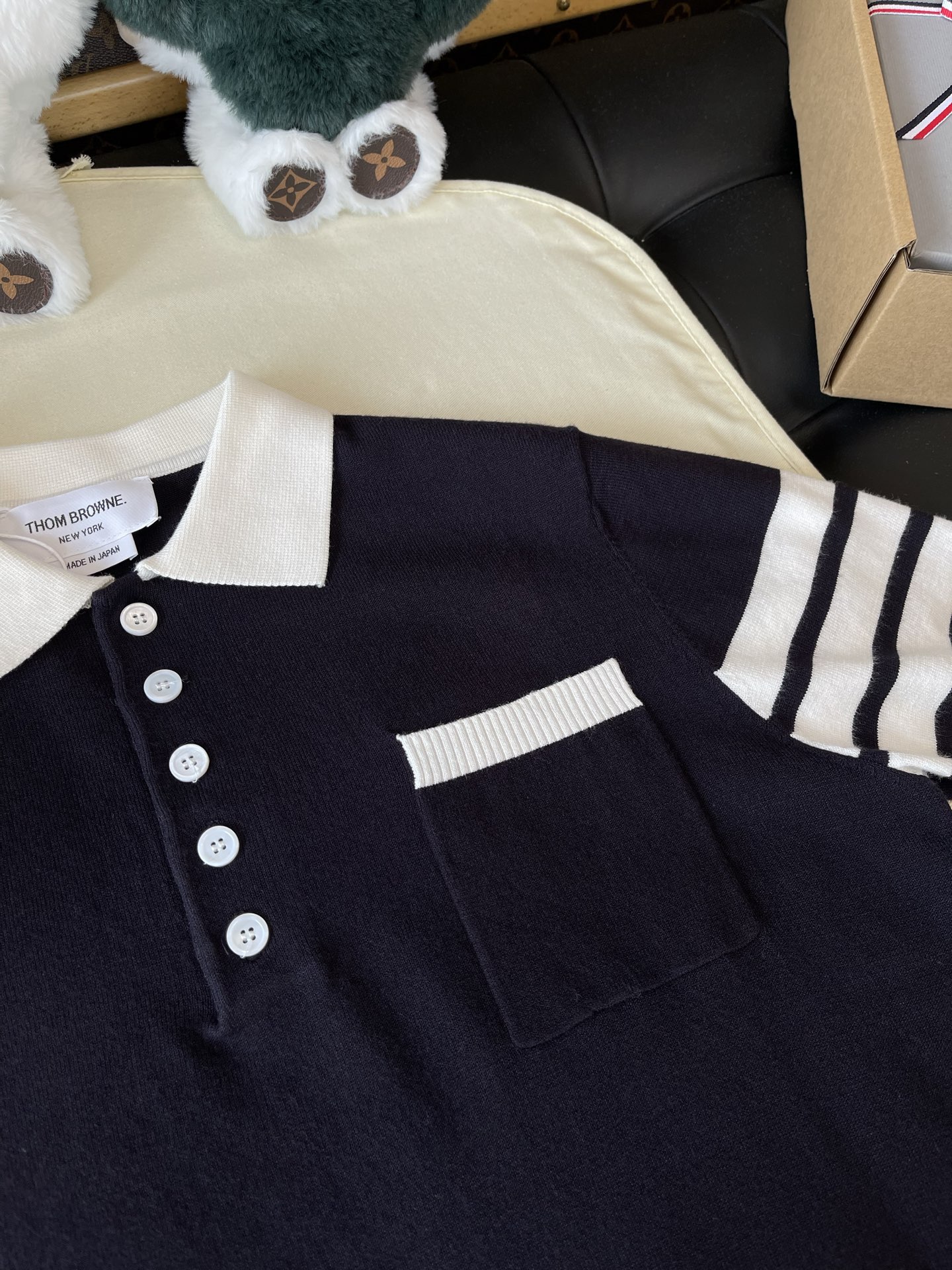 Contrast-Collar Four-Bar Knit Polo — product photograph