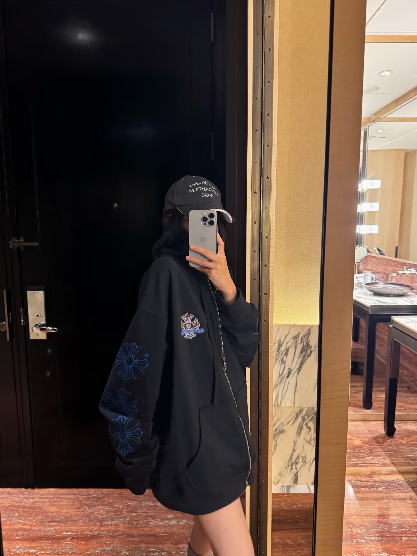 Blue-Floral Zip Hoodie — product photograph