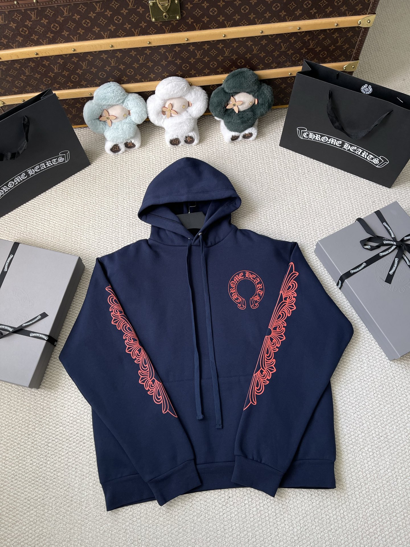 Red-Horseshoe Navy Zip Hoodie — product photograph