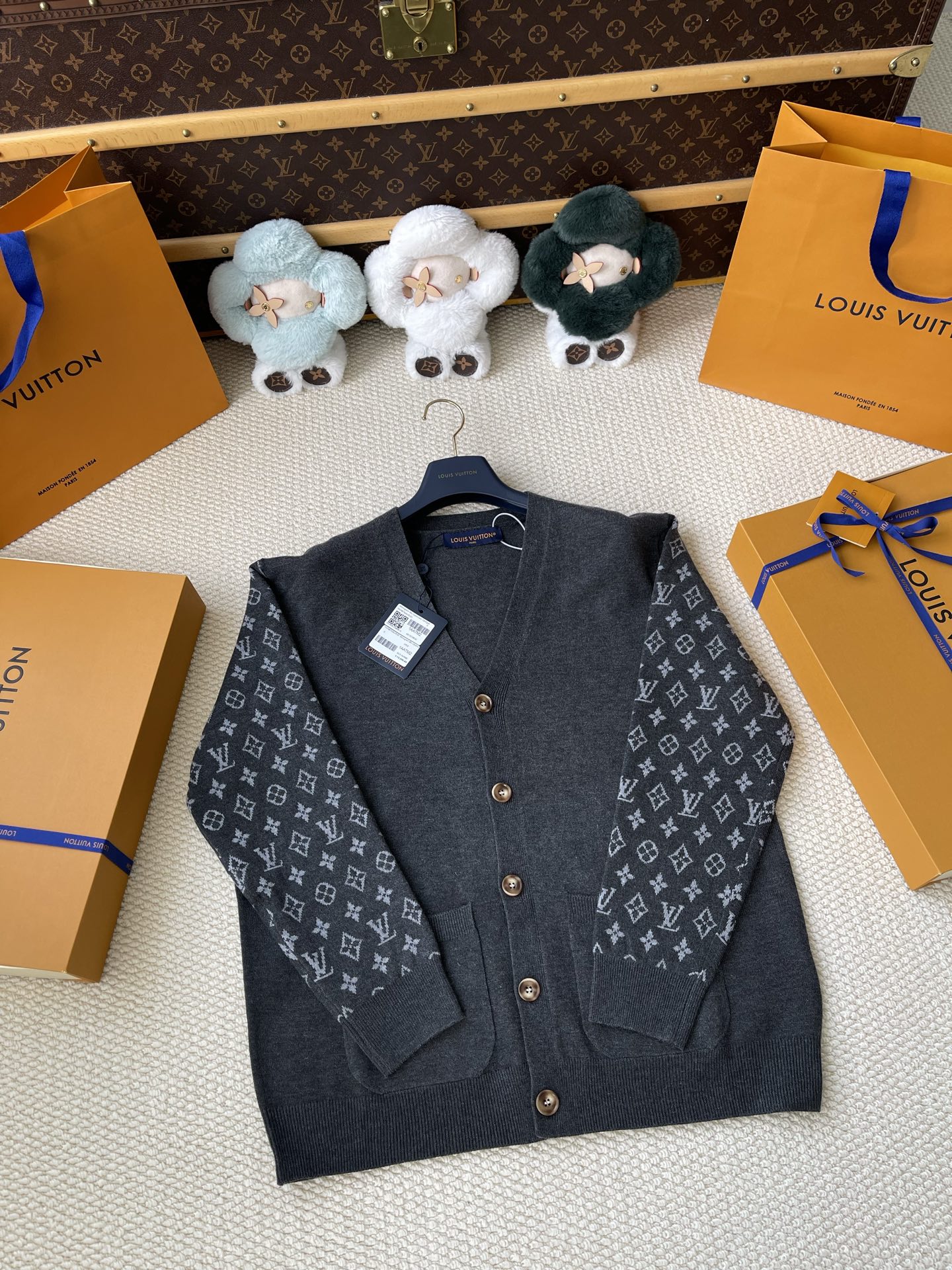 Monogram-Sleeve V-Neck Cardigan — product photograph