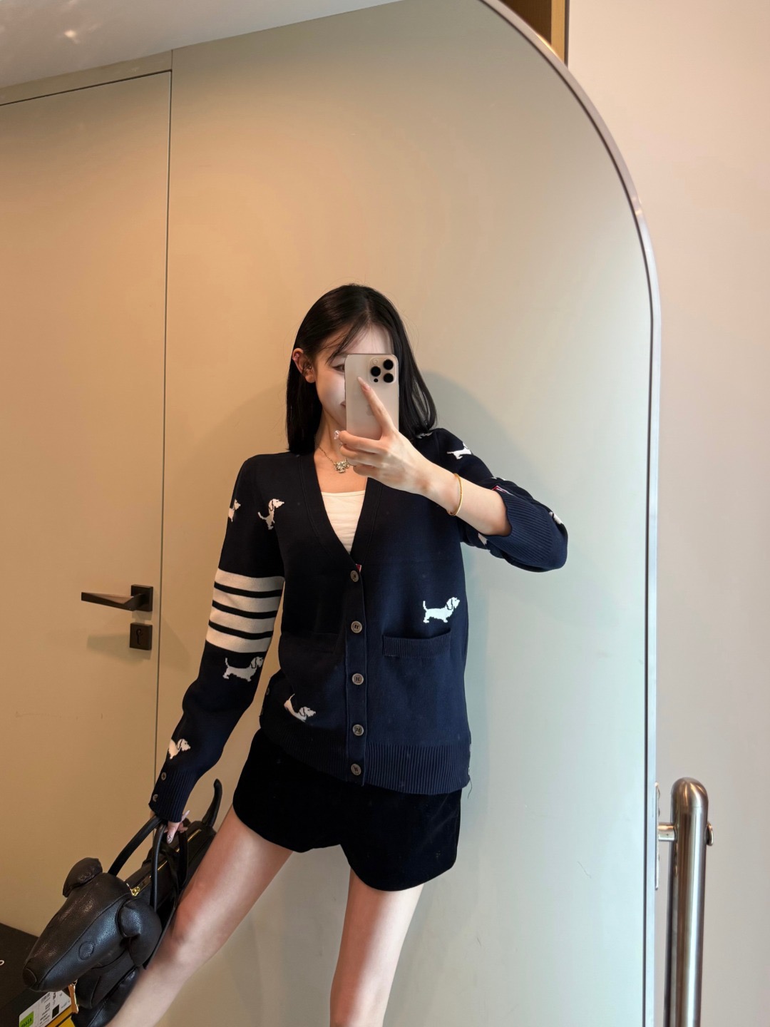 Allover Dog-Motif Four-Bar Cardigan — product photograph