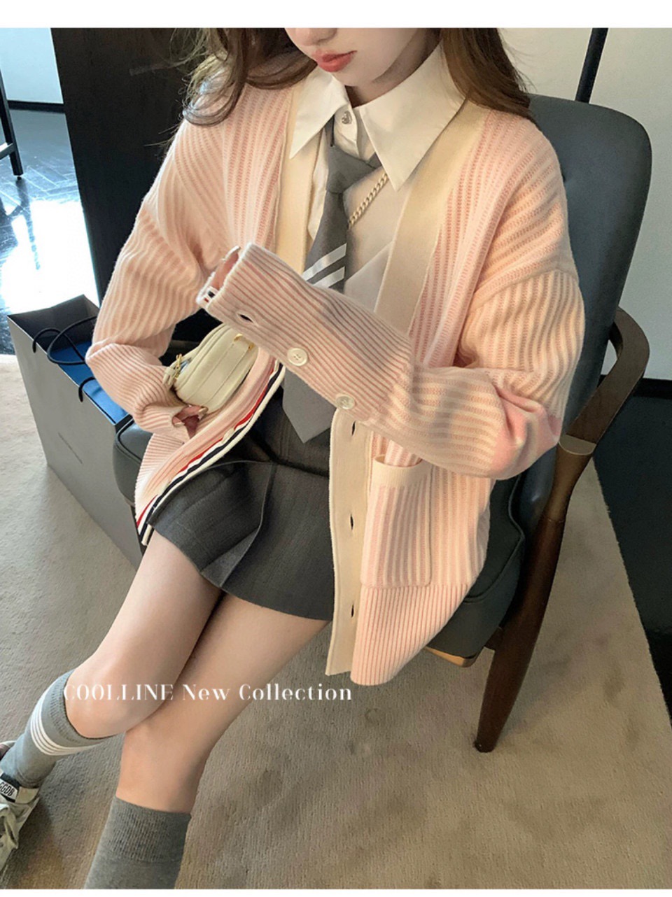 Vertical-Stripe Four-Bar V-Neck Cardigan — product photograph