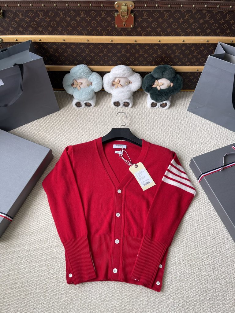 Red Four-Bar V-Neck Cardigan — product photograph