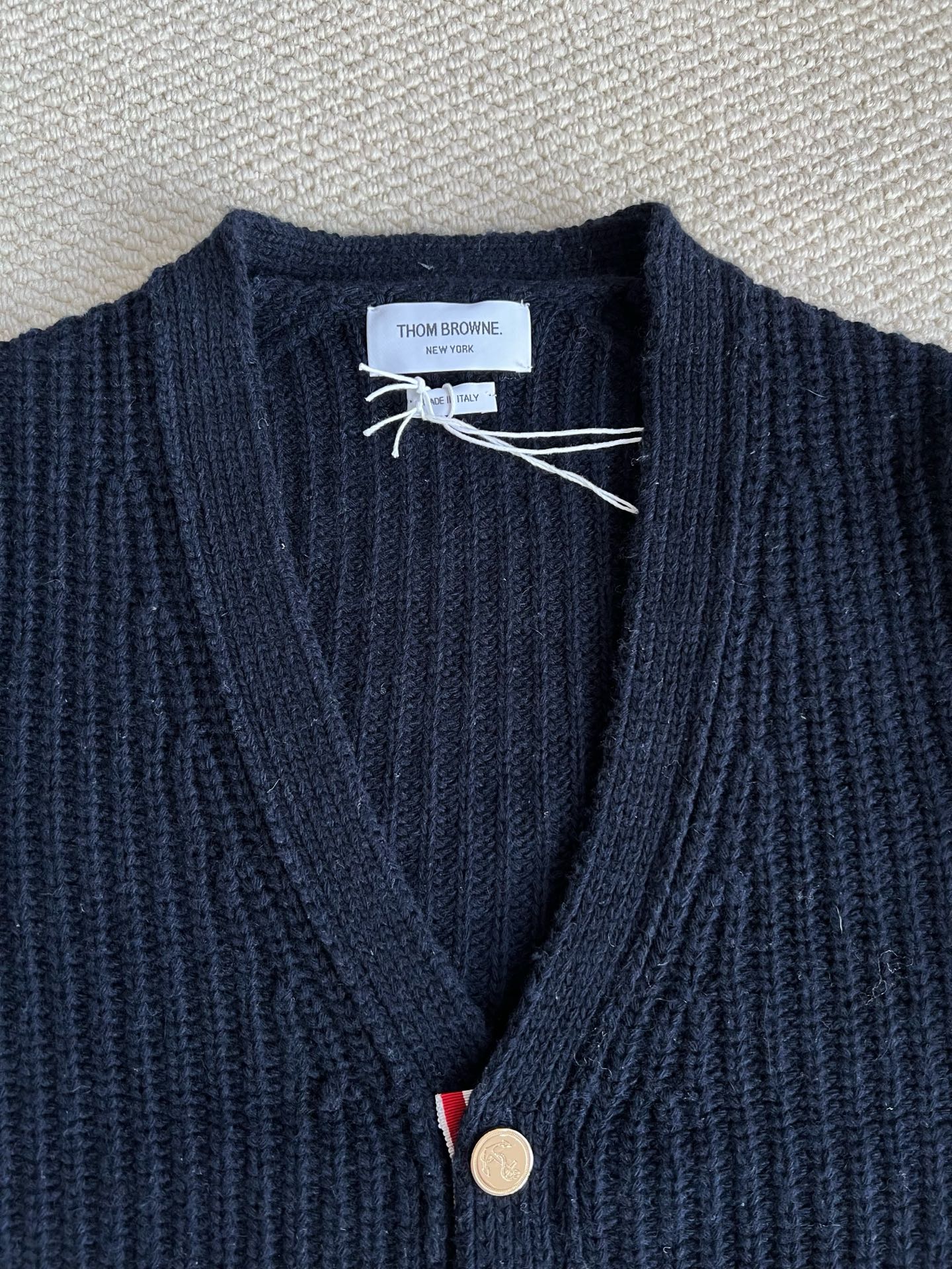 Ribbed Four-Bar V-Neck Cardigan — product photograph