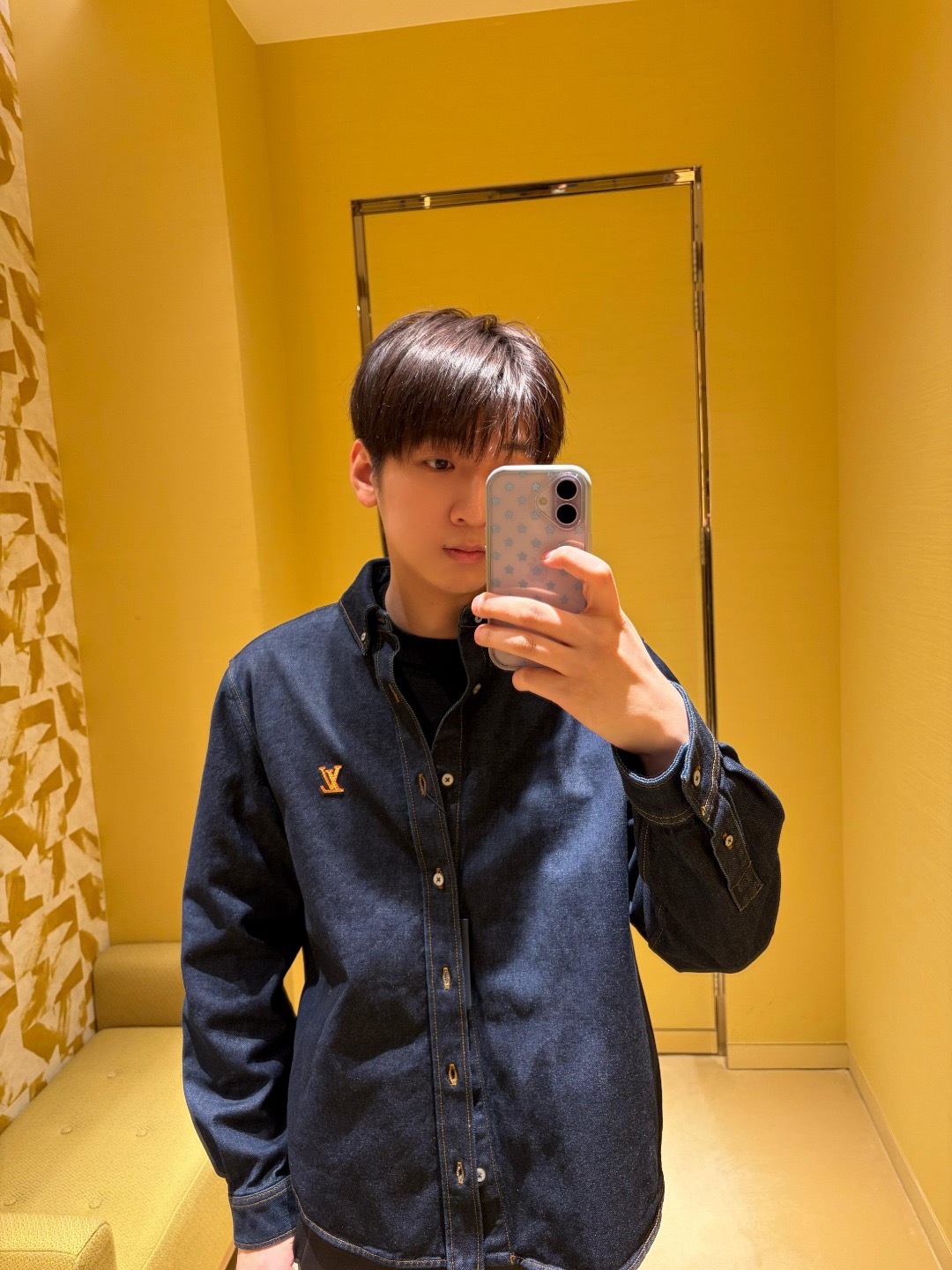 Monogram-Chest Button-Down Denim Shirt — product photograph
