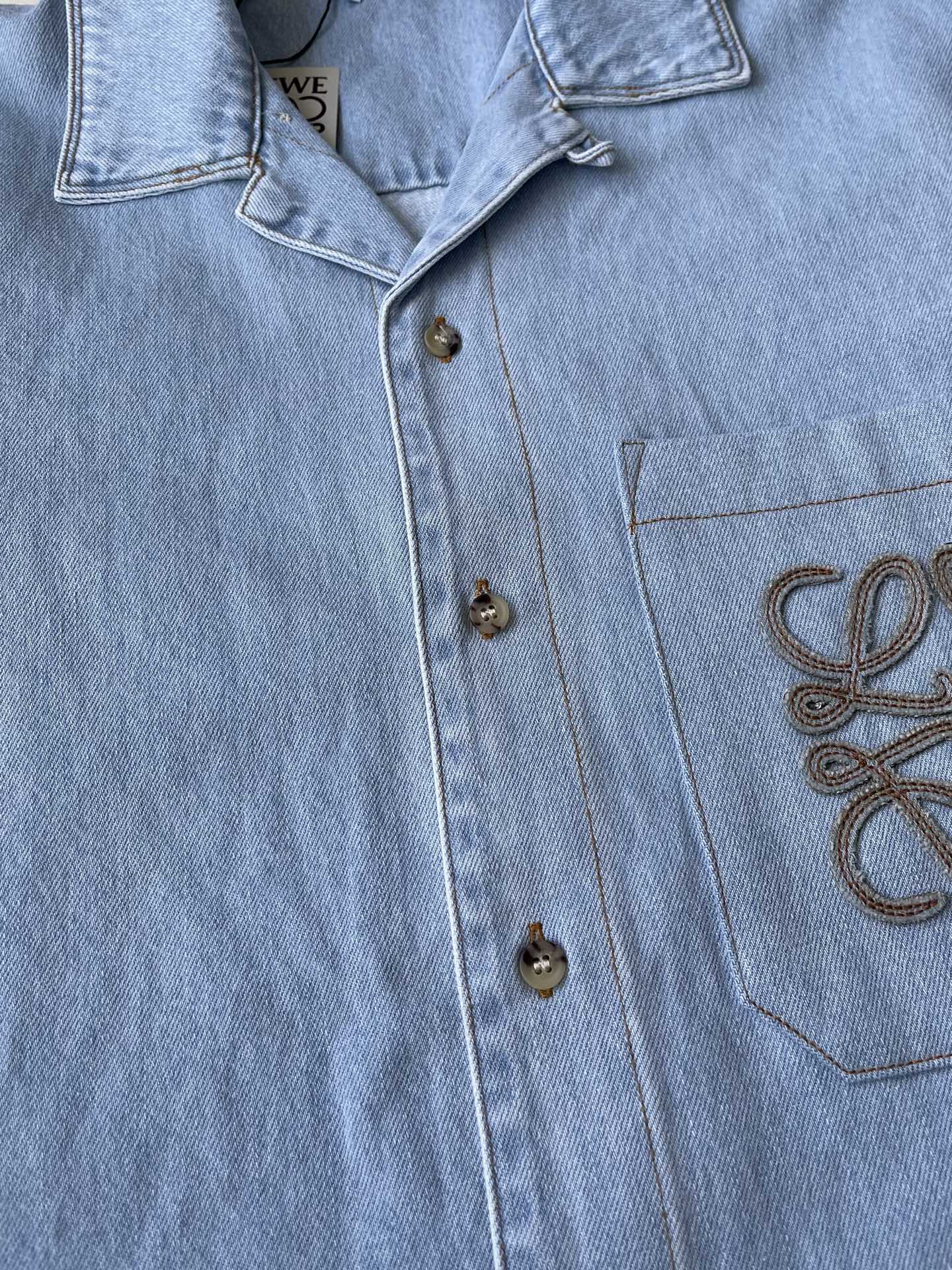 Anagram-Pocket Short-Sleeve Denim Shirt — product photograph