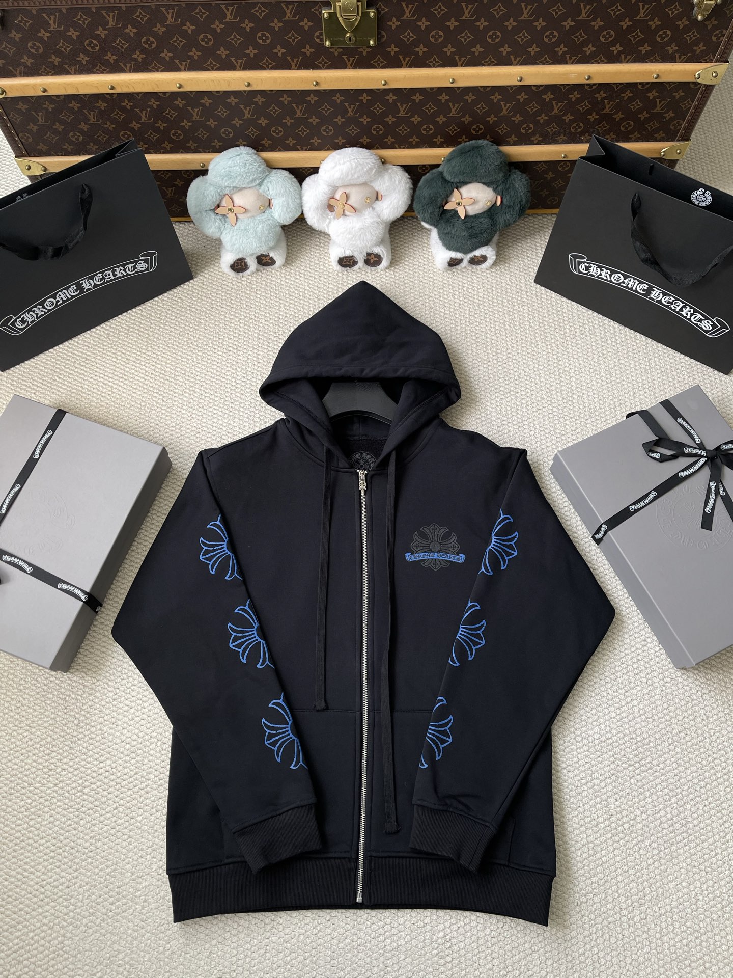 Blue-Floral Zip Hoodie — product photograph