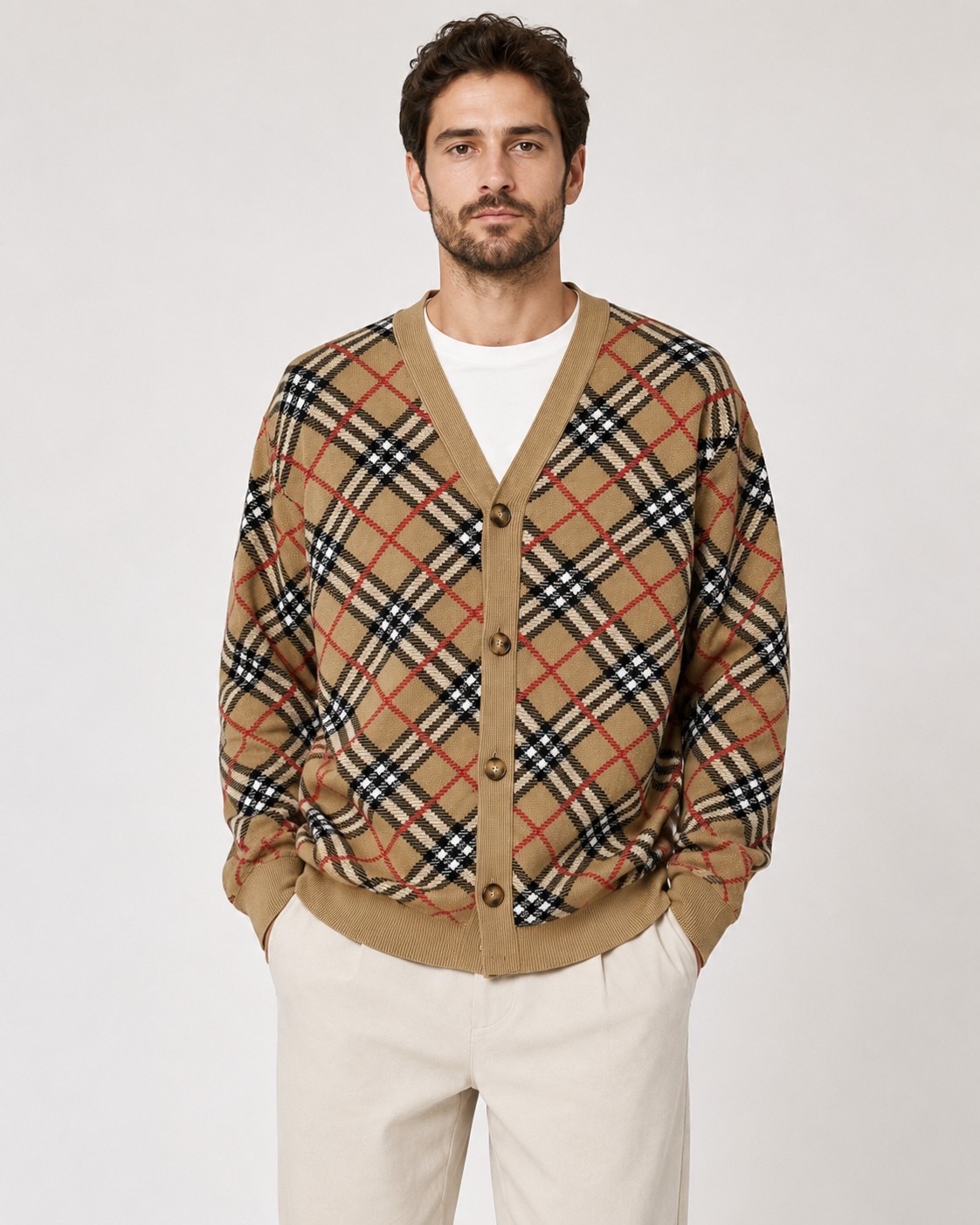 Diagonal-Check V-Neck Cardigan — product photograph