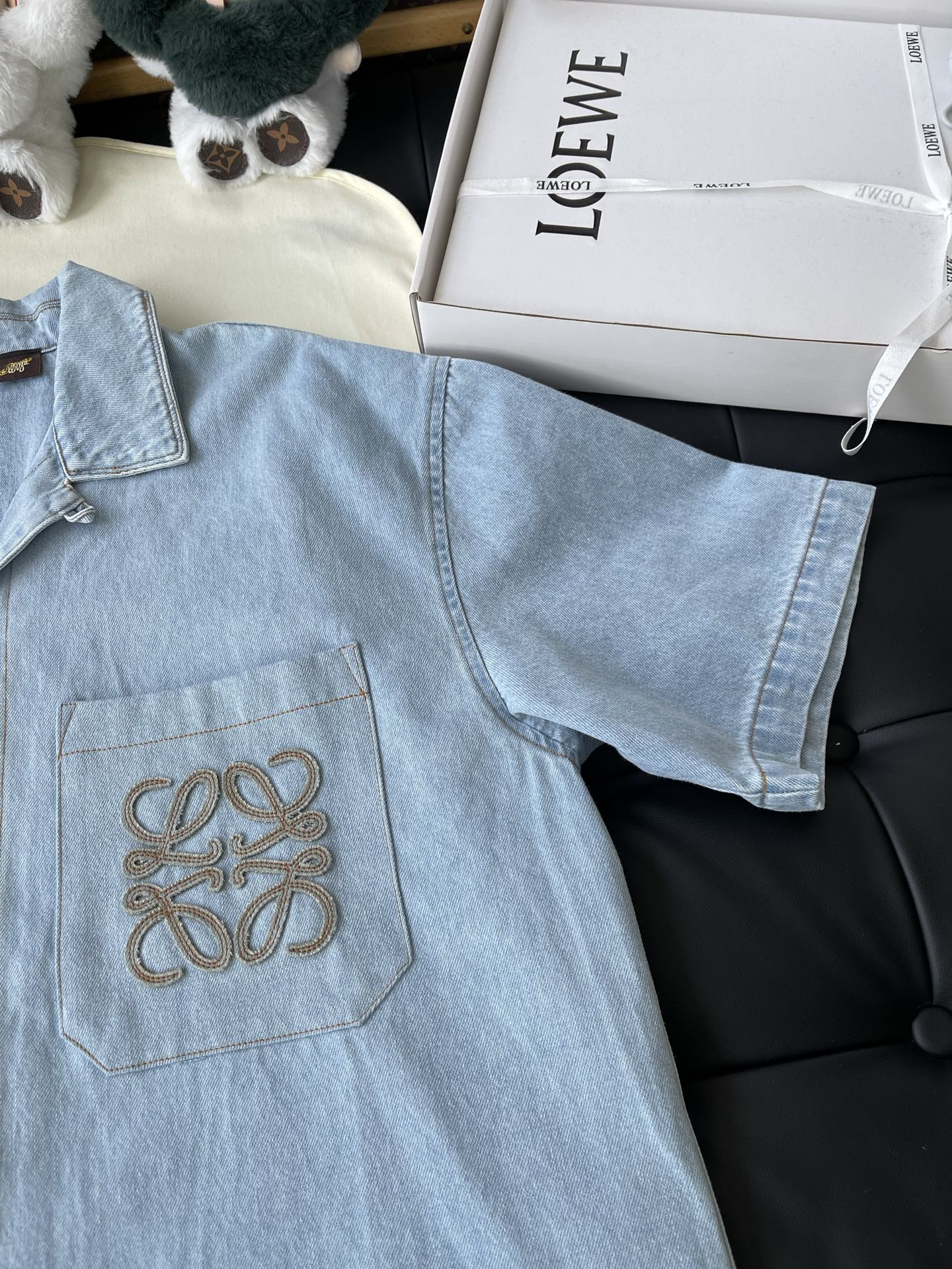 Anagram-Pocket Short-Sleeve Denim Shirt — product photograph
