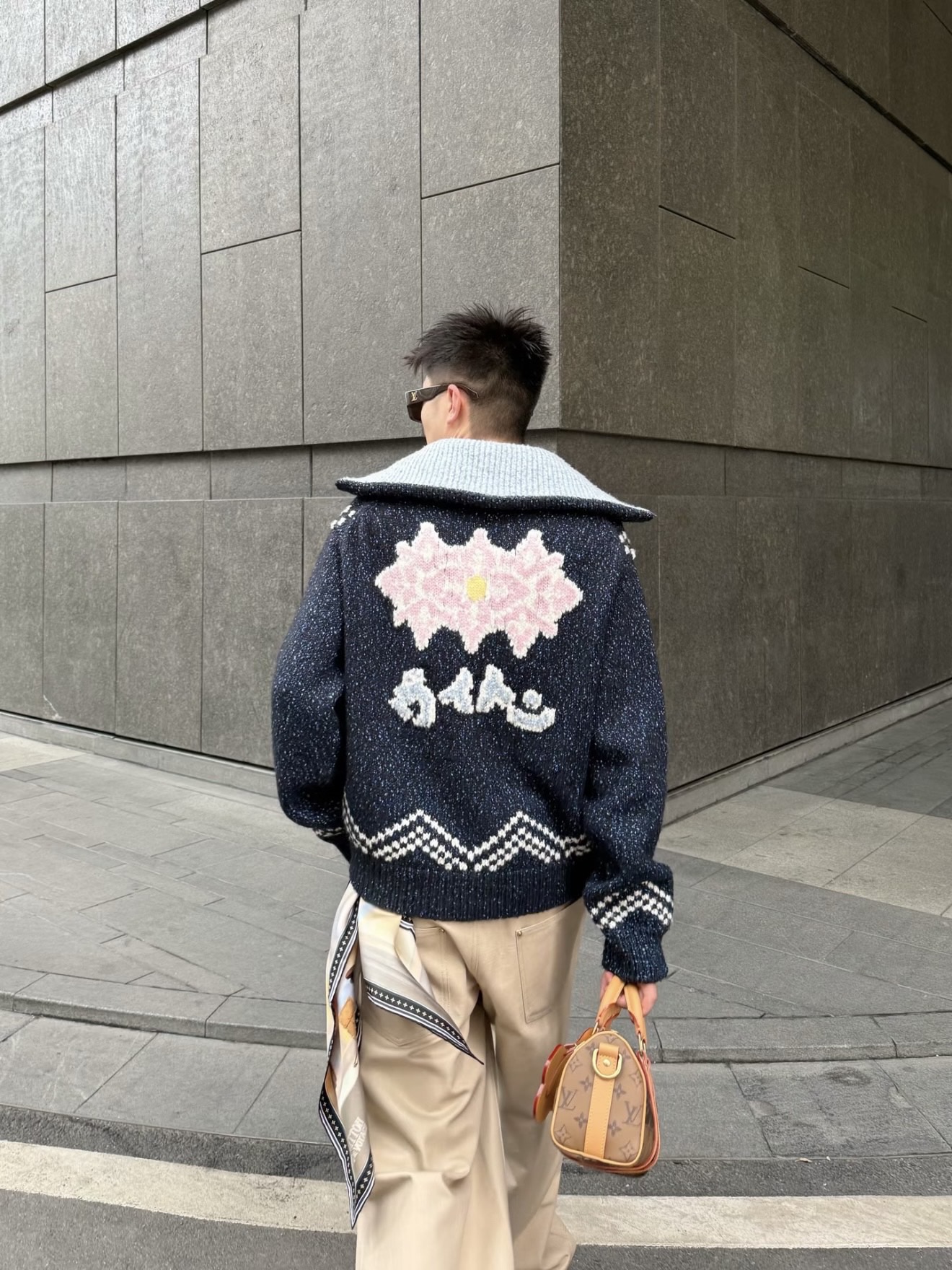 Large Monogram Chevron-Hem Zip Cardigan — product photograph