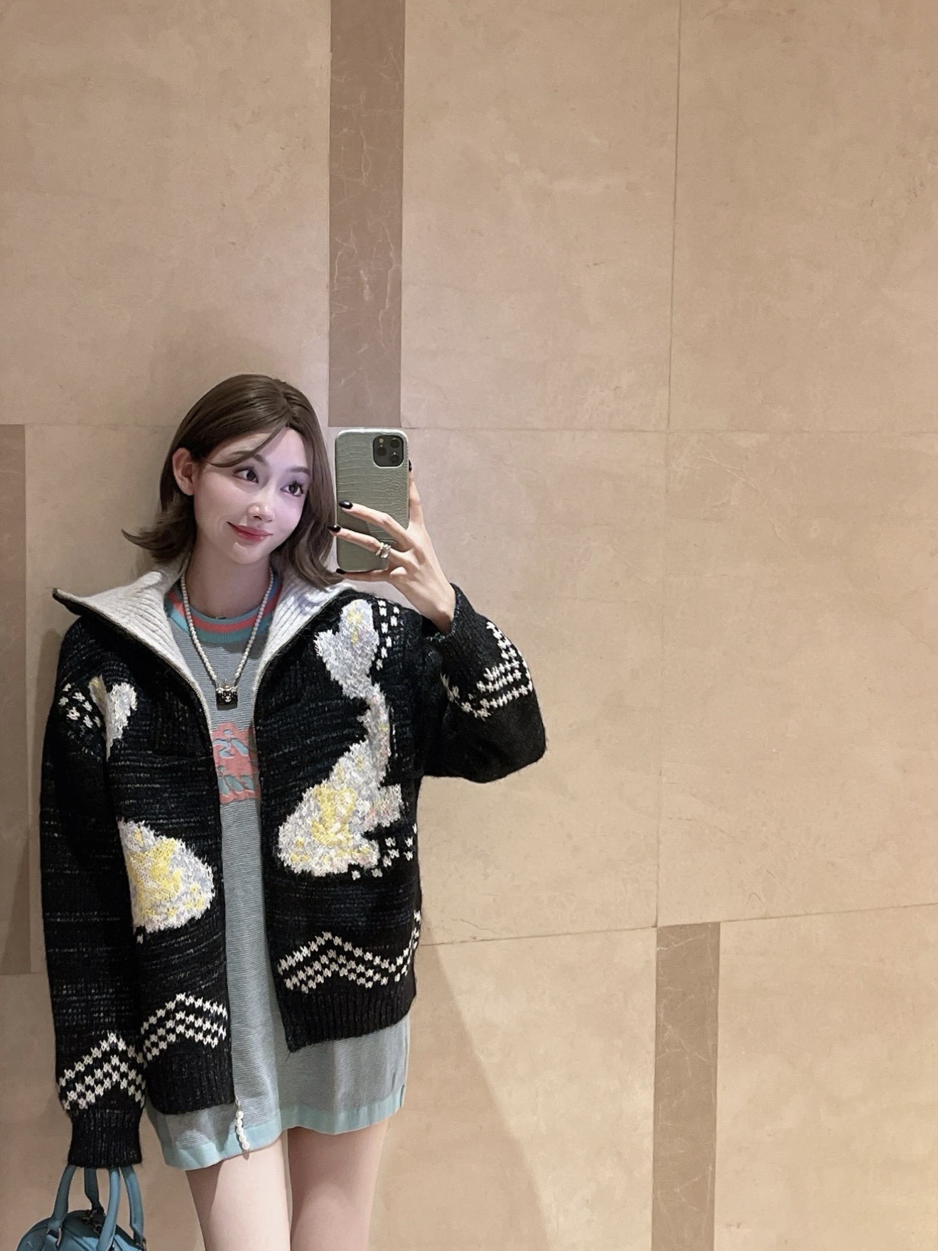 Large Monogram Chevron-Hem Zip Cardigan — product photograph