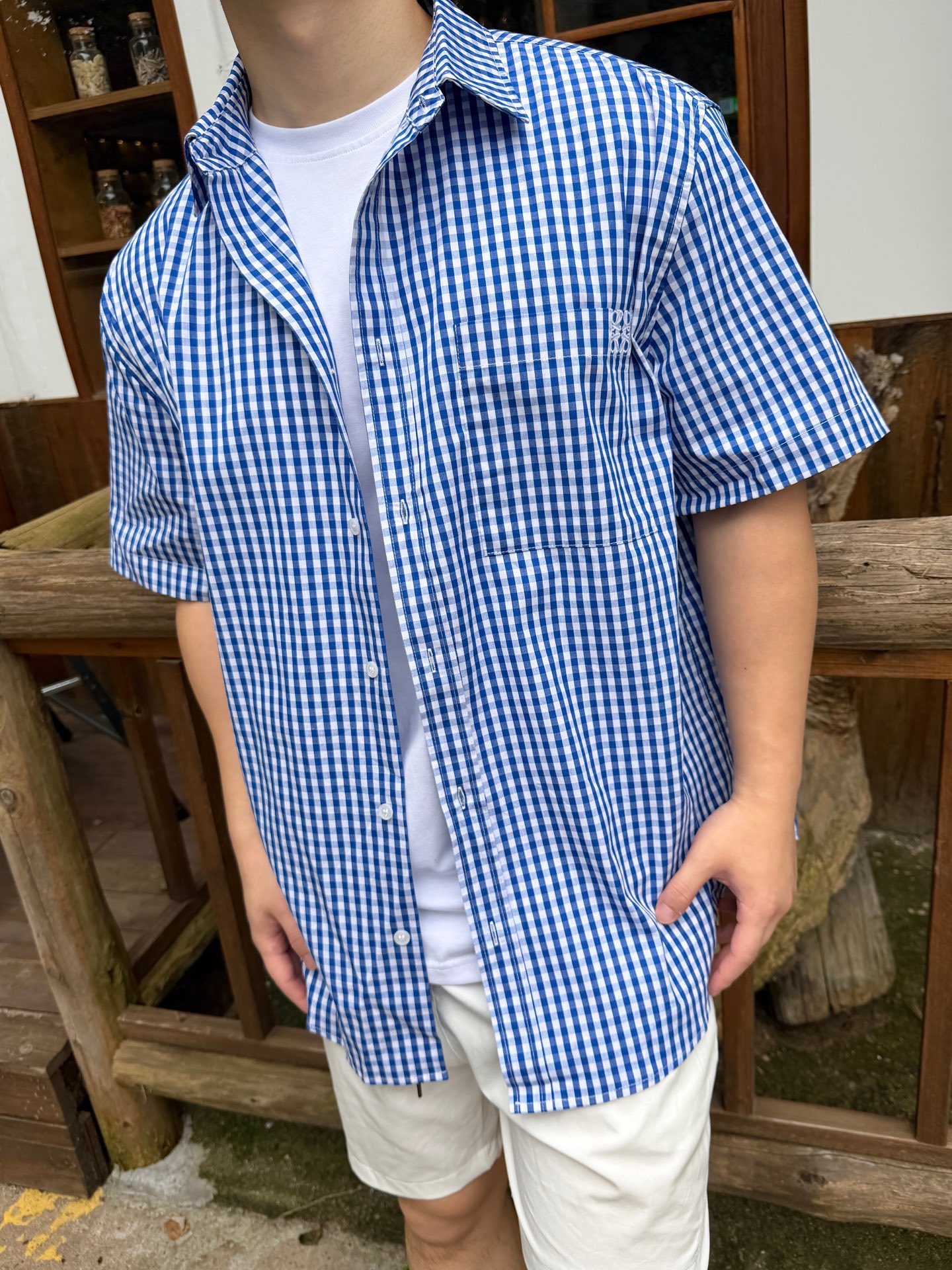 Gingham Short-Sleeve Button Shirt — product photograph
