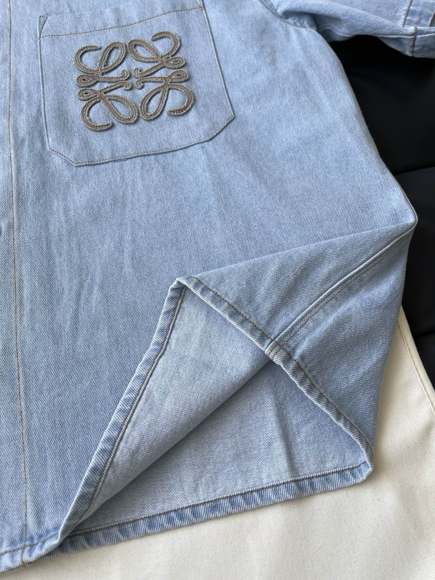 Anagram-Pocket Short-Sleeve Denim Shirt — product photograph