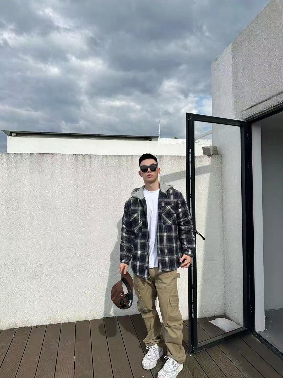 Logo-Hood Check Overshirt — product photograph