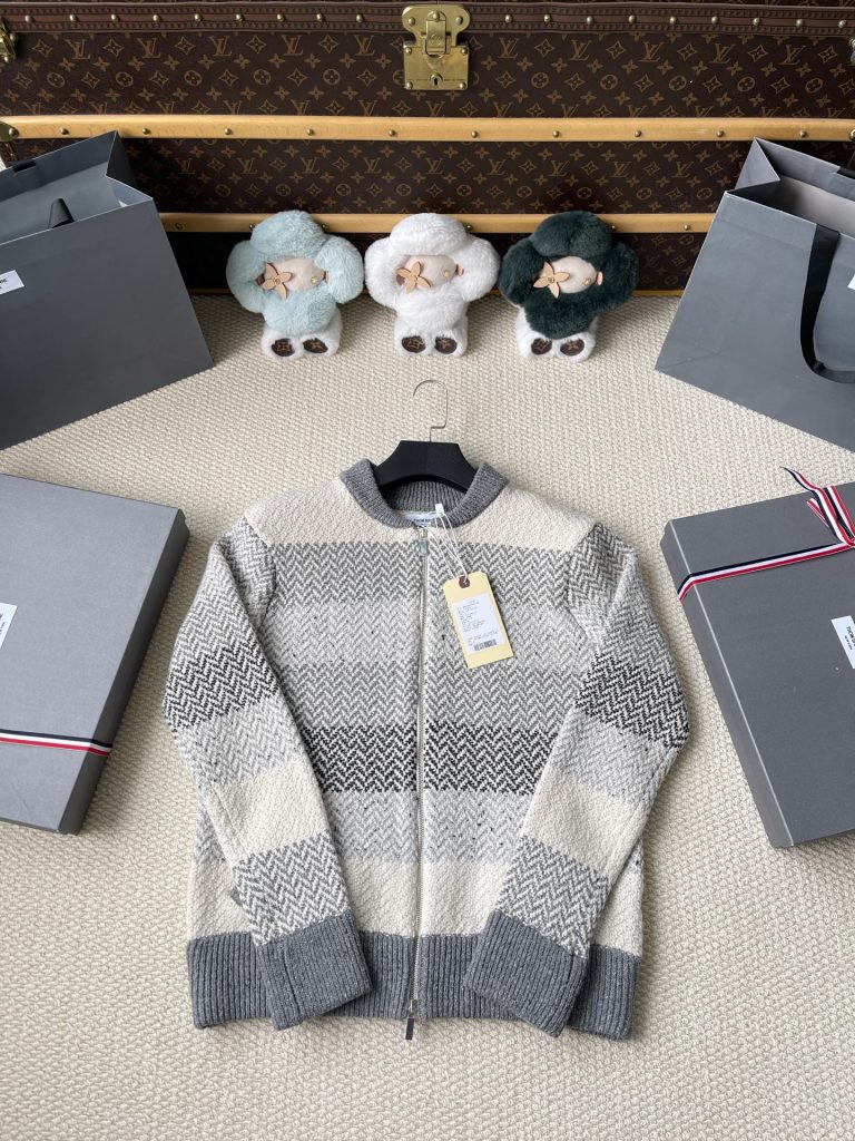 Striped Herringbone Zip Cardigan — product photograph