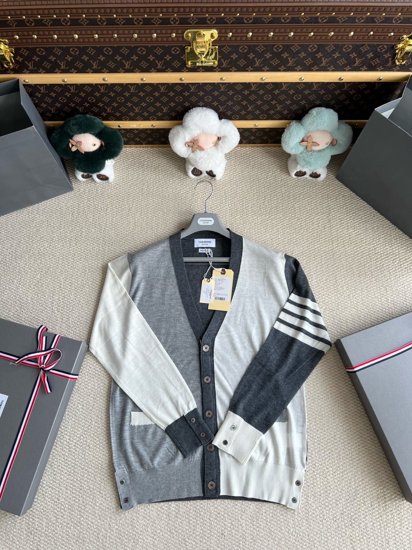 Color-Block Four-Bar V-Neck Cardigan — product photograph
