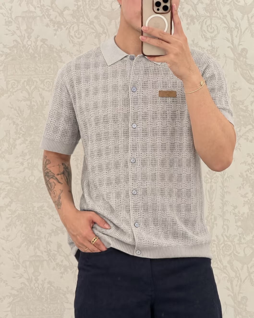 Openwork Check Short-Sleeve Polo — product photograph