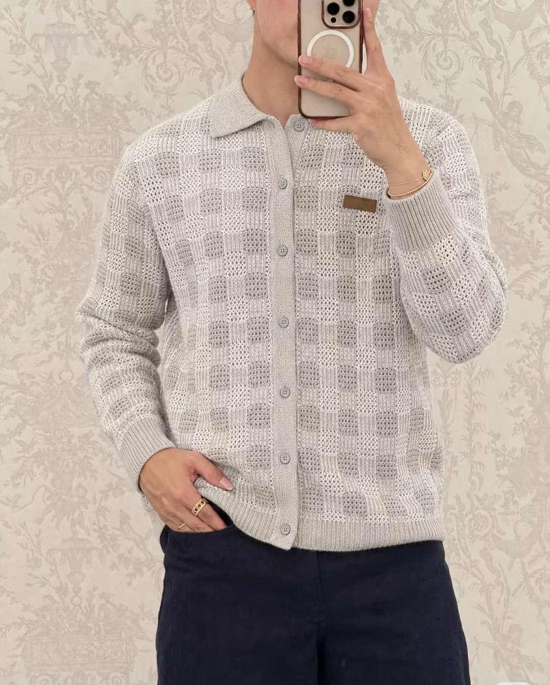 Openwork Check Long-Sleeve Polo — product photograph