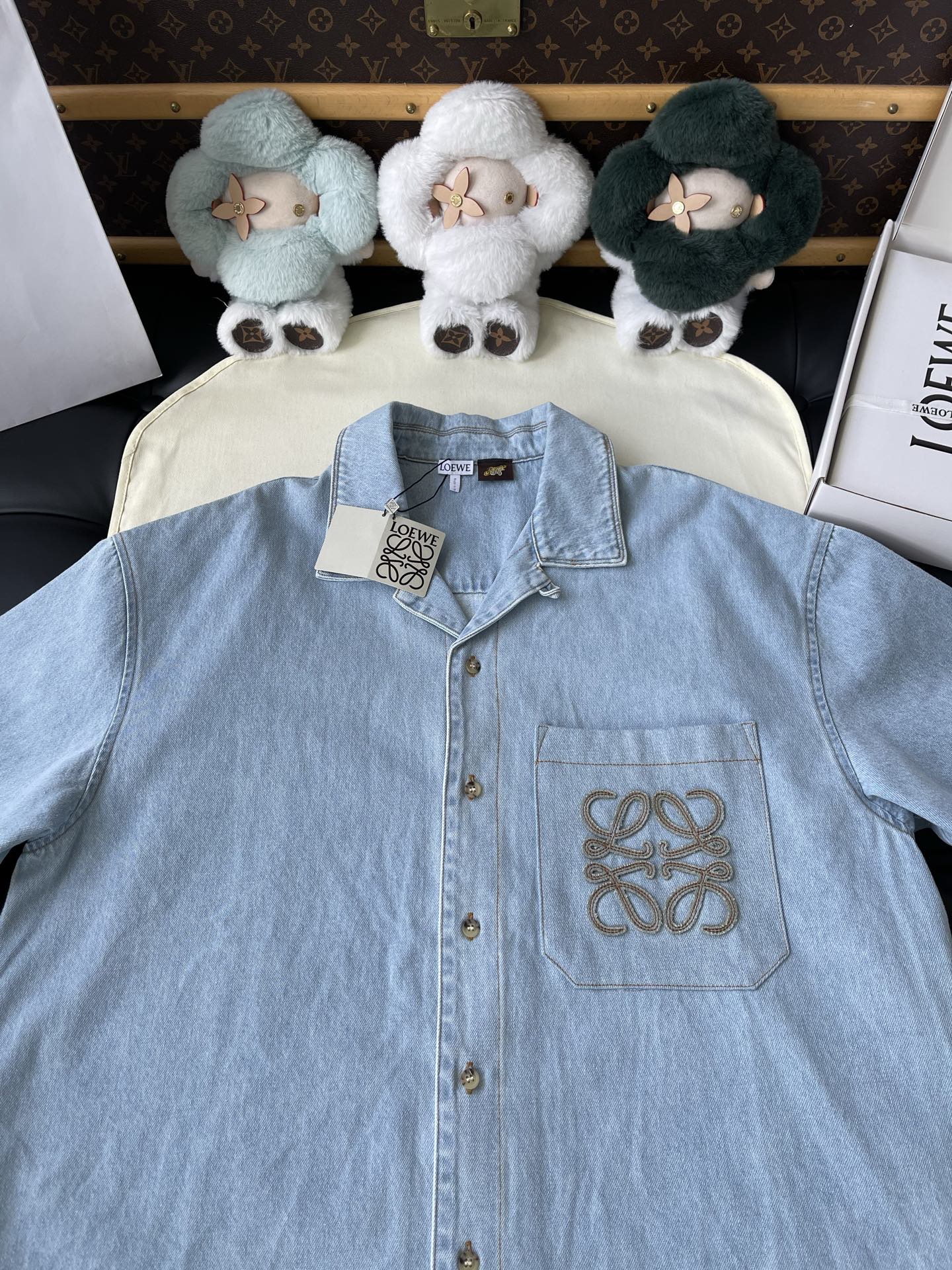Anagram-Pocket Short-Sleeve Denim Shirt — product photograph