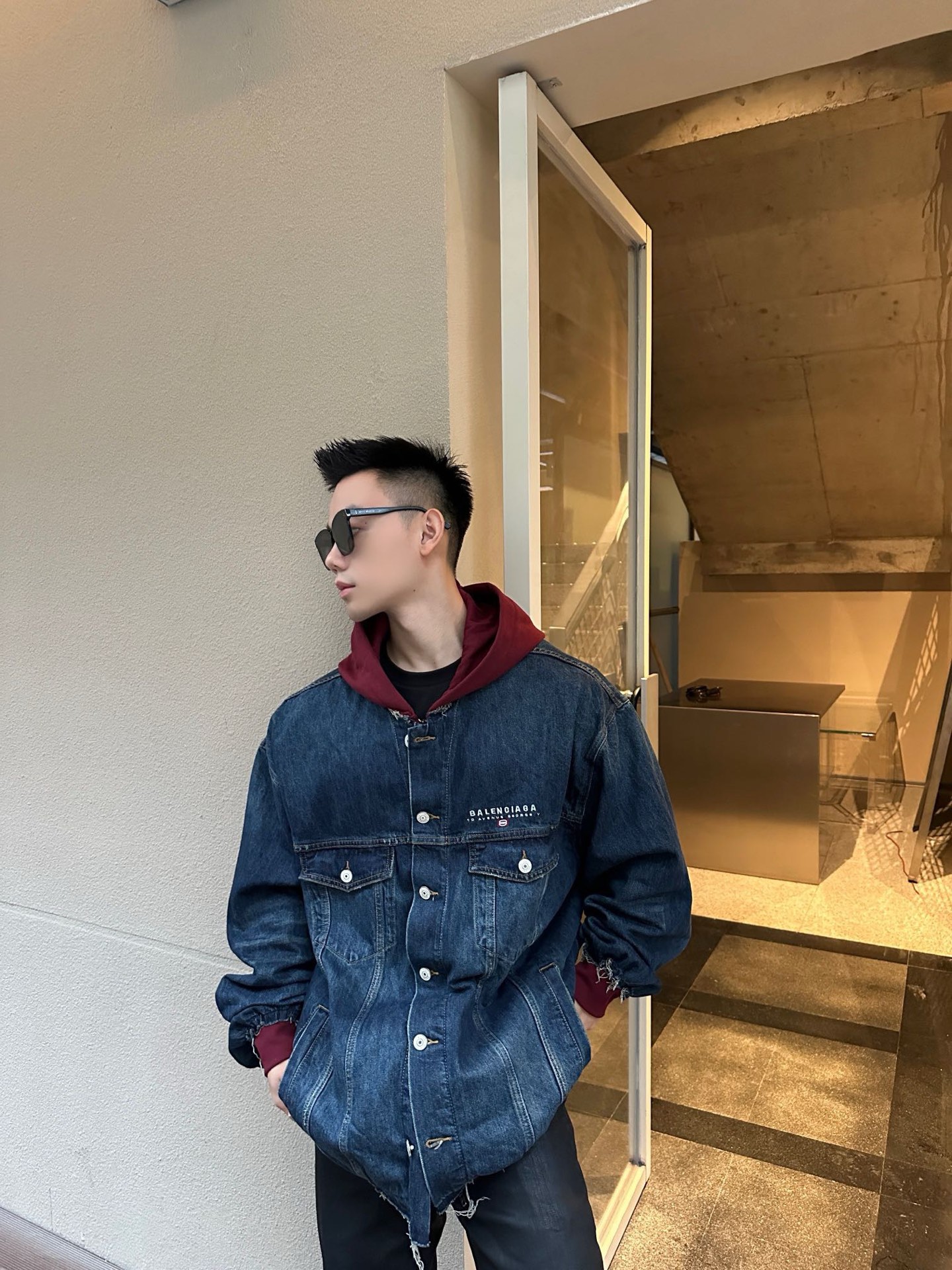 Contrast-Hood Denim Bomber — product photograph