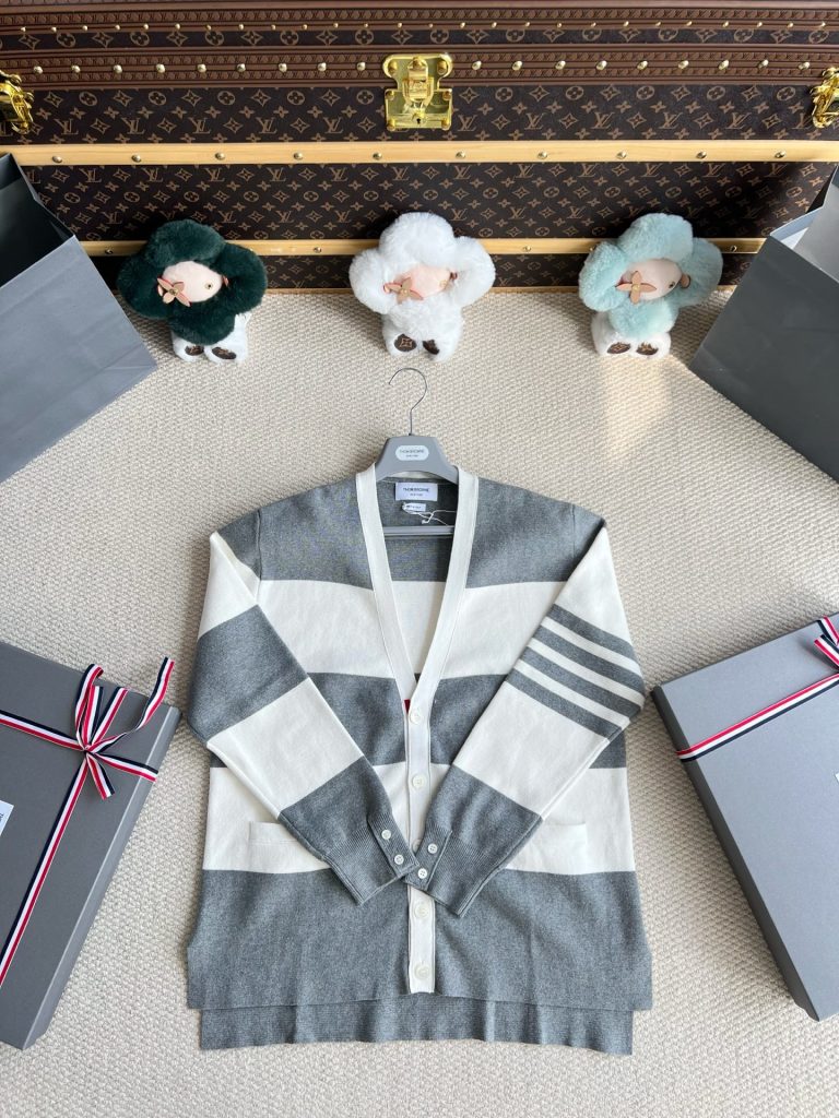 Broad-Stripe Four-Bar V-Neck Cardigan — product photograph