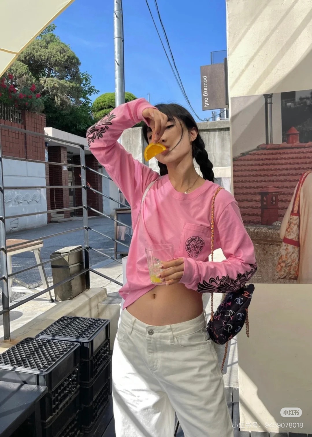 Pink Floral-Sleeve Pocket Long-Sleeve T-Shirt — product photograph