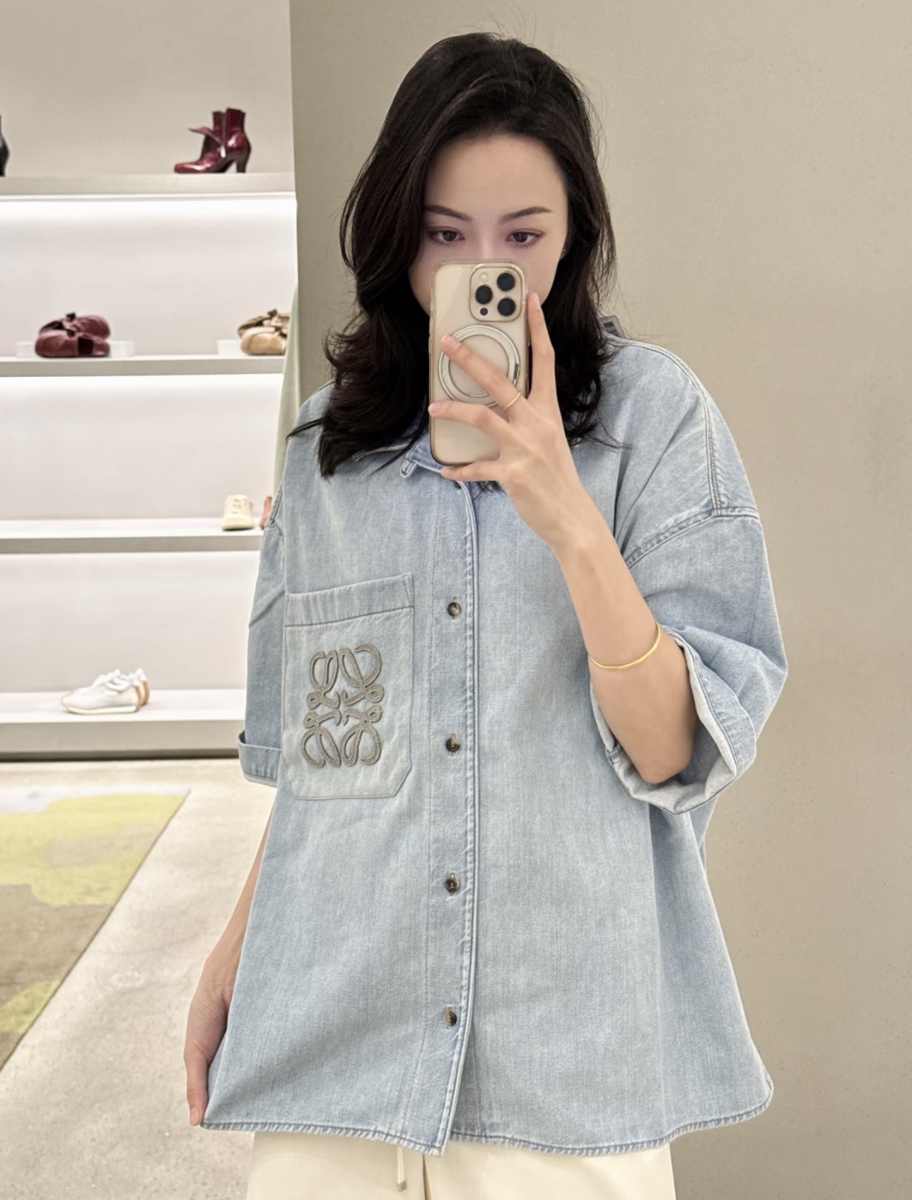 Anagram-Pocket Short-Sleeve Denim Shirt — product photograph
