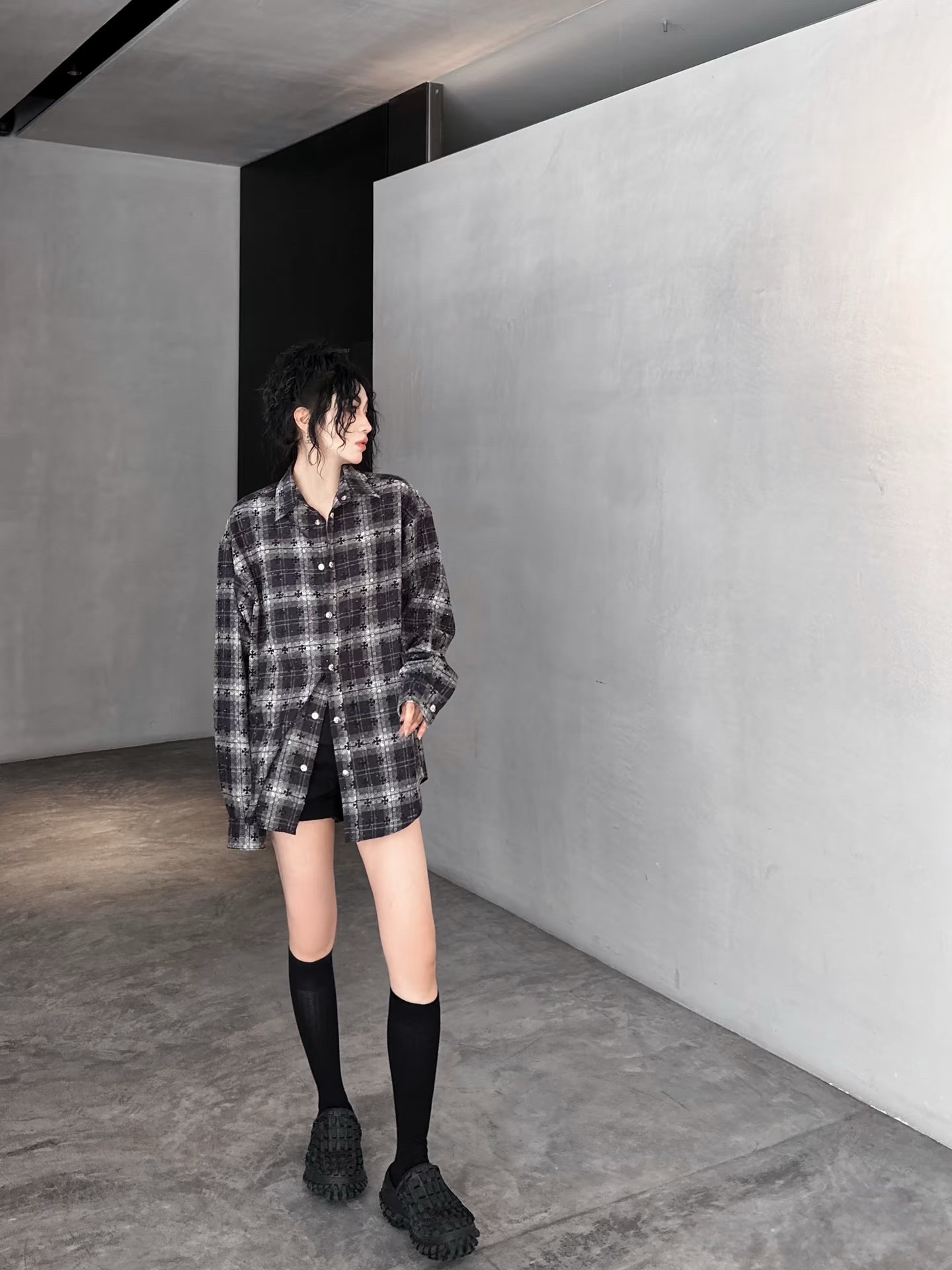 Cross-Motif Plaid Long-Sleeve Shirt — product photograph