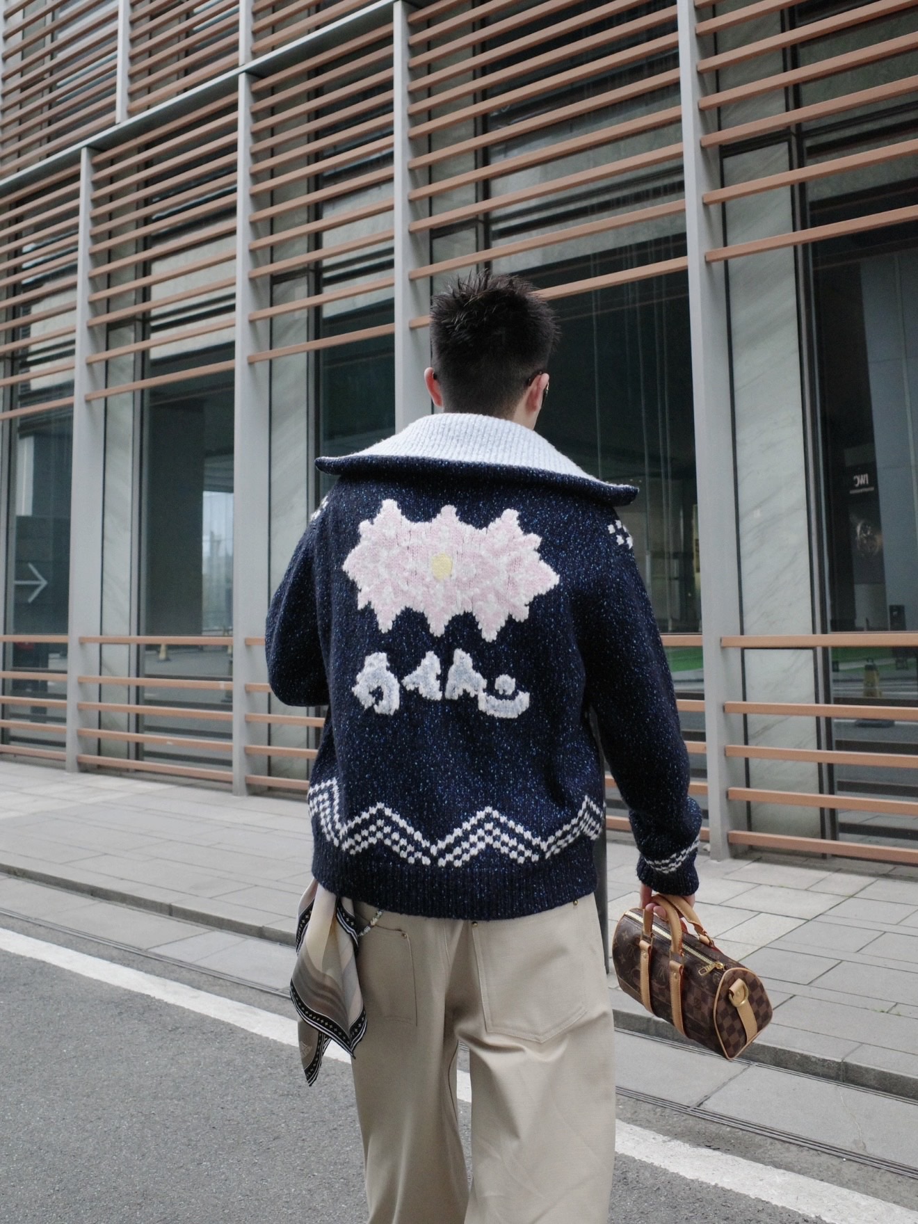 Large Monogram Chevron-Hem Zip Cardigan — product photograph