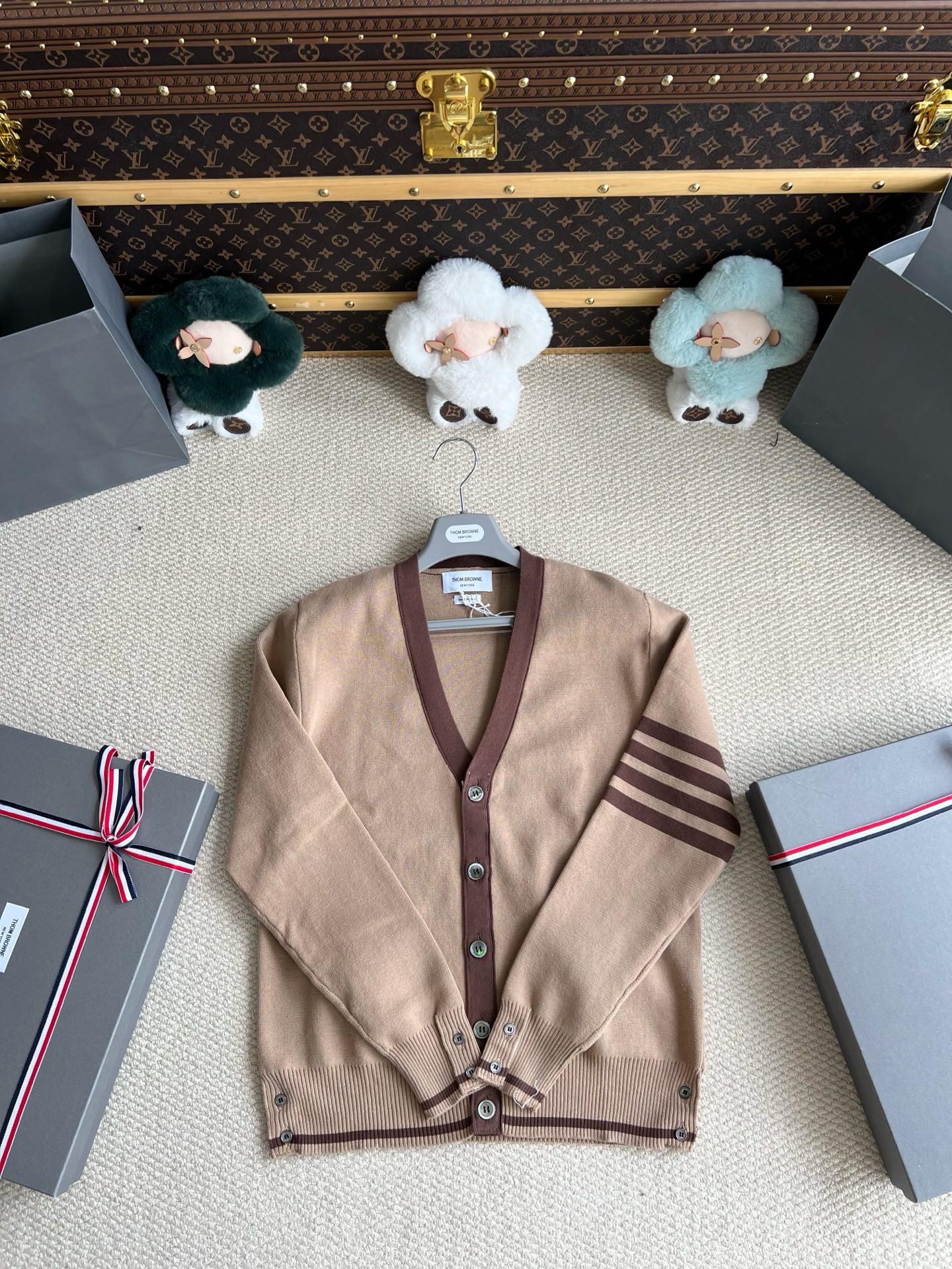 Contrast-Trim Four-Bar V-Neck Cardigan — product photograph