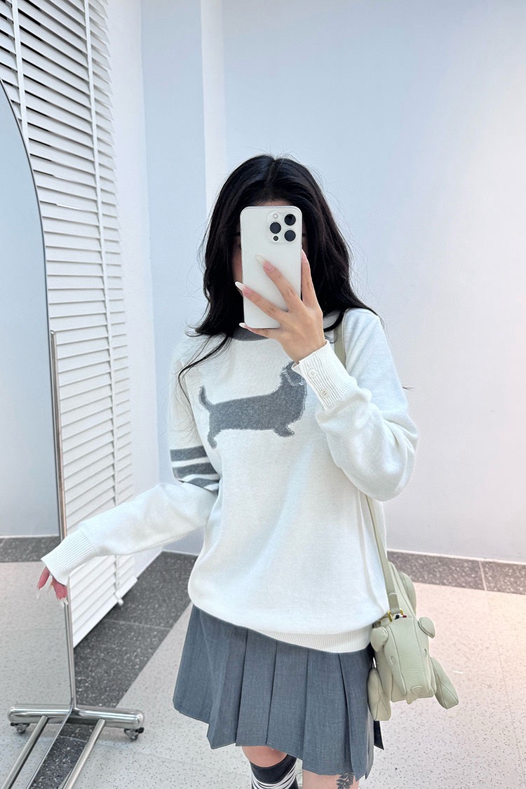 Dog-Motif Four-Bar Crewneck Sweater — product photograph