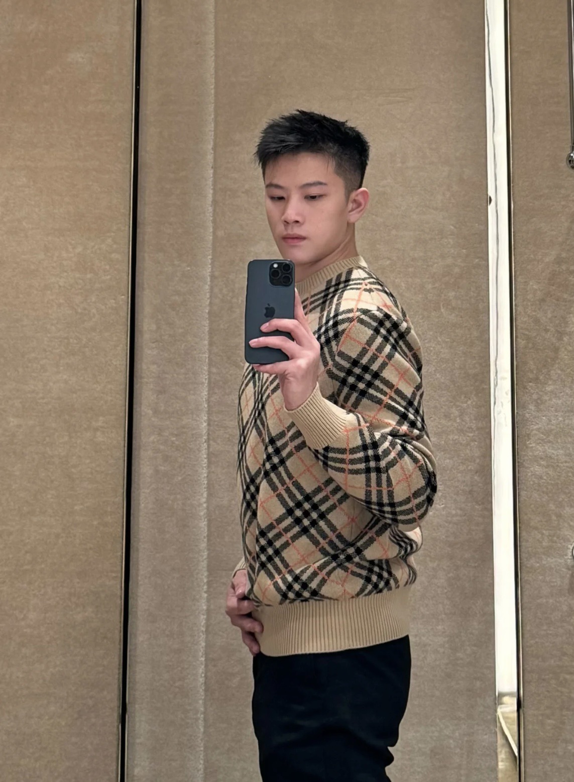 Diagonal-Check Crewneck Sweater — product photograph