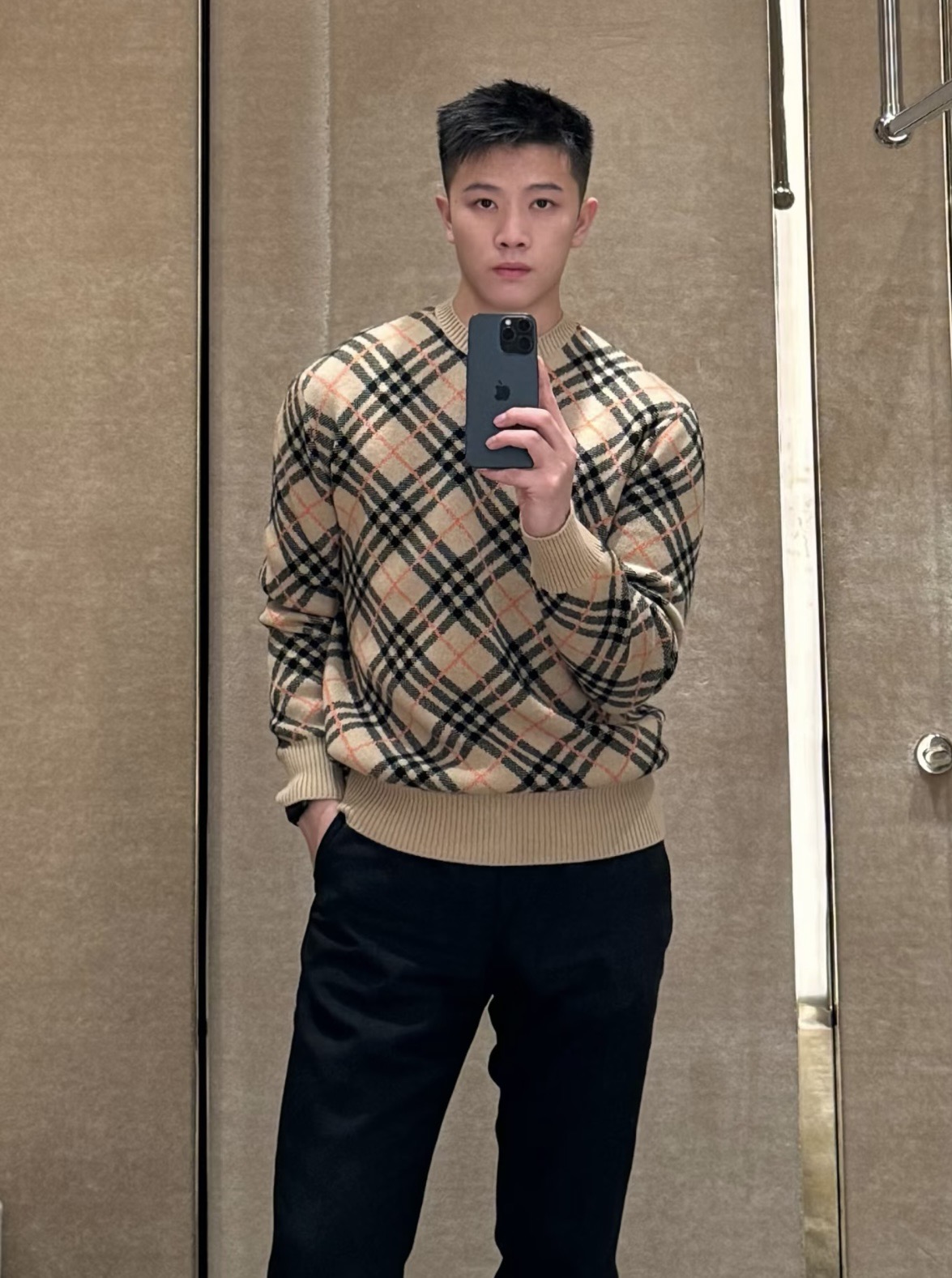 Diagonal-Check Crewneck Sweater — product photograph