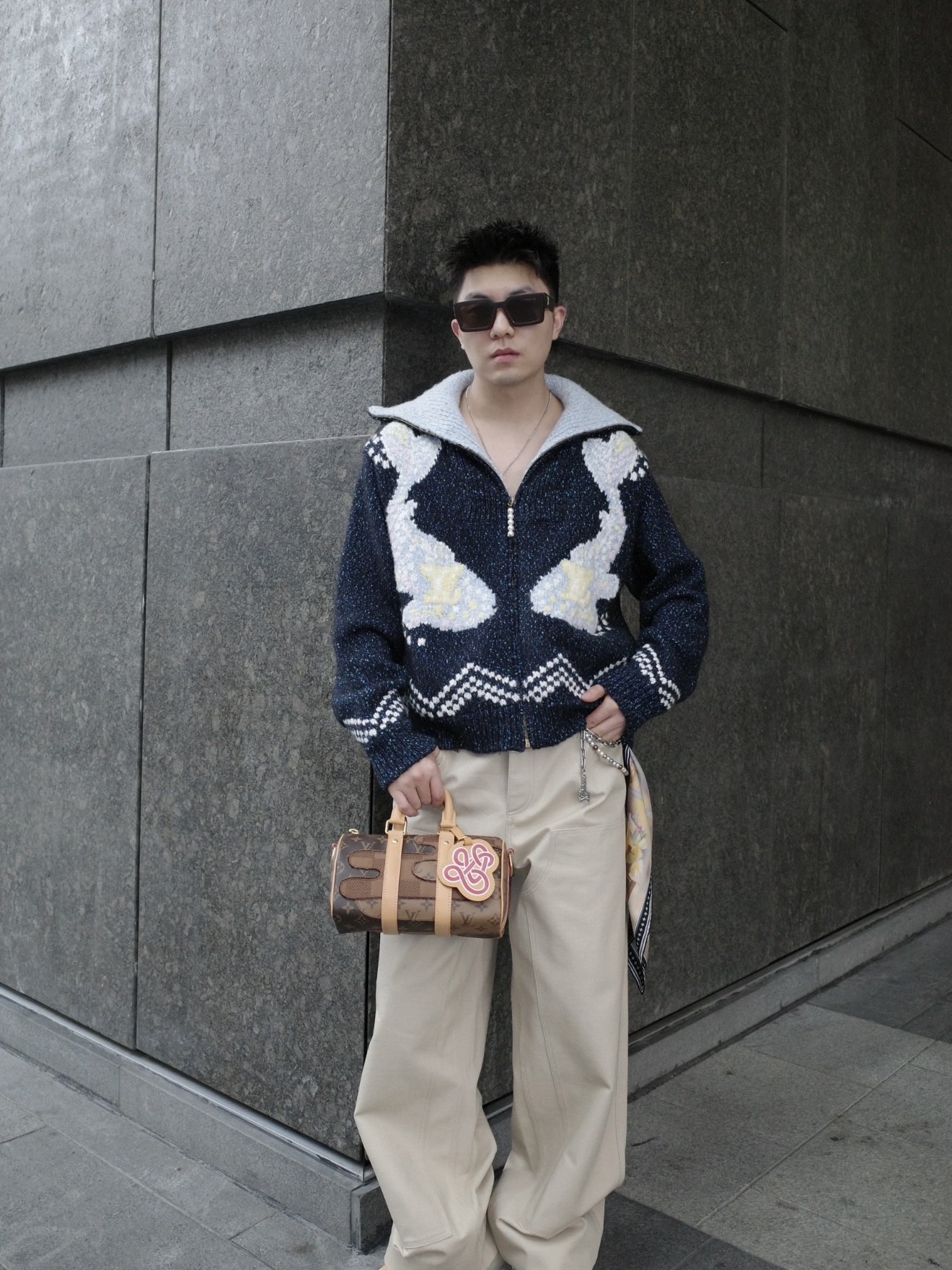 Large Monogram Chevron-Hem Zip Cardigan — product photograph