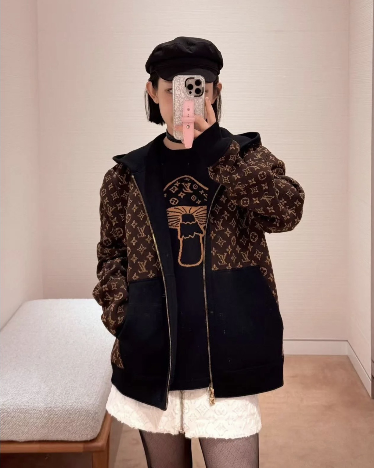 Brown Monogram-Lined Zip Hoodie — product photograph