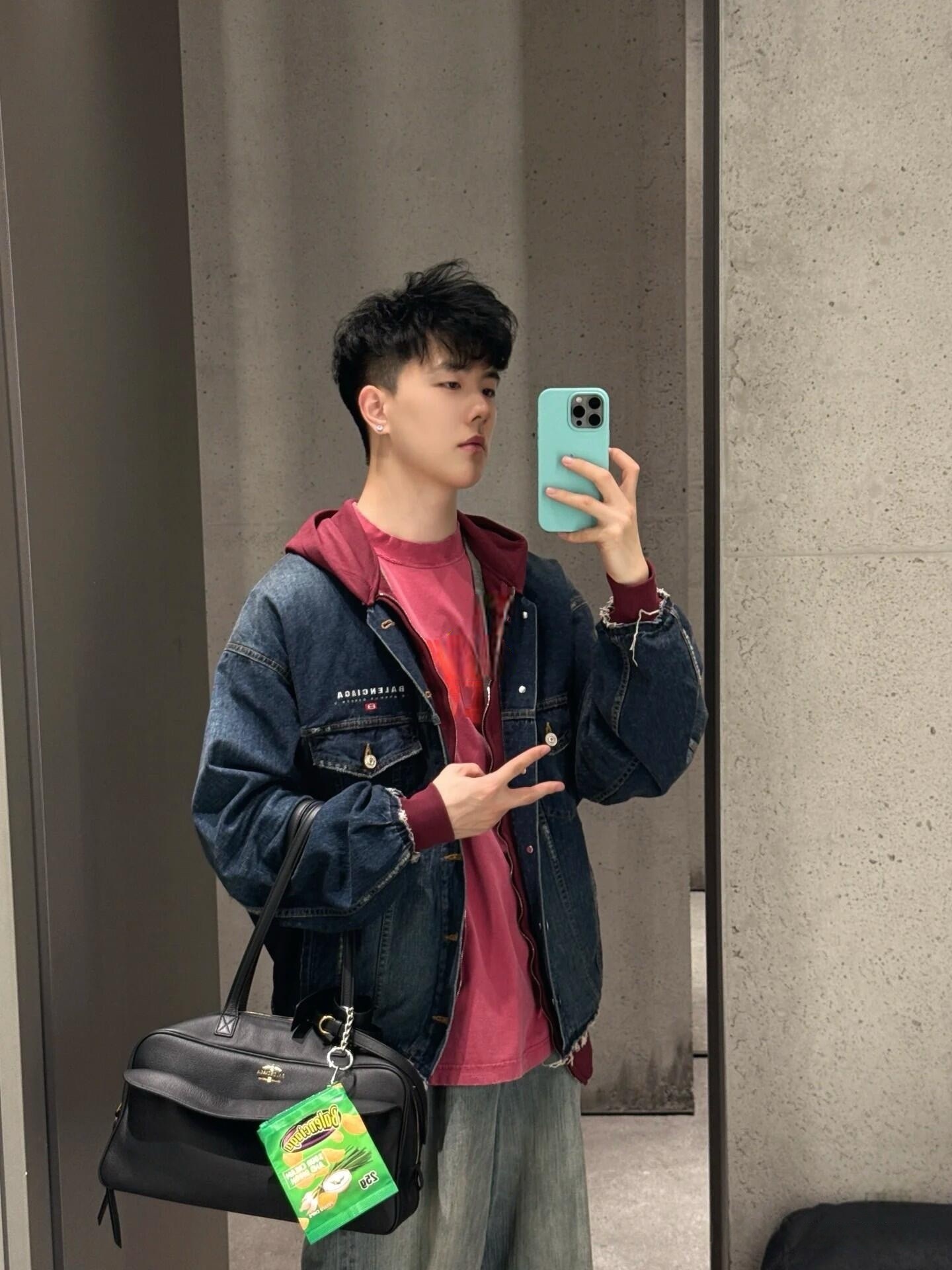 Contrast-Hood Denim Bomber — product photograph