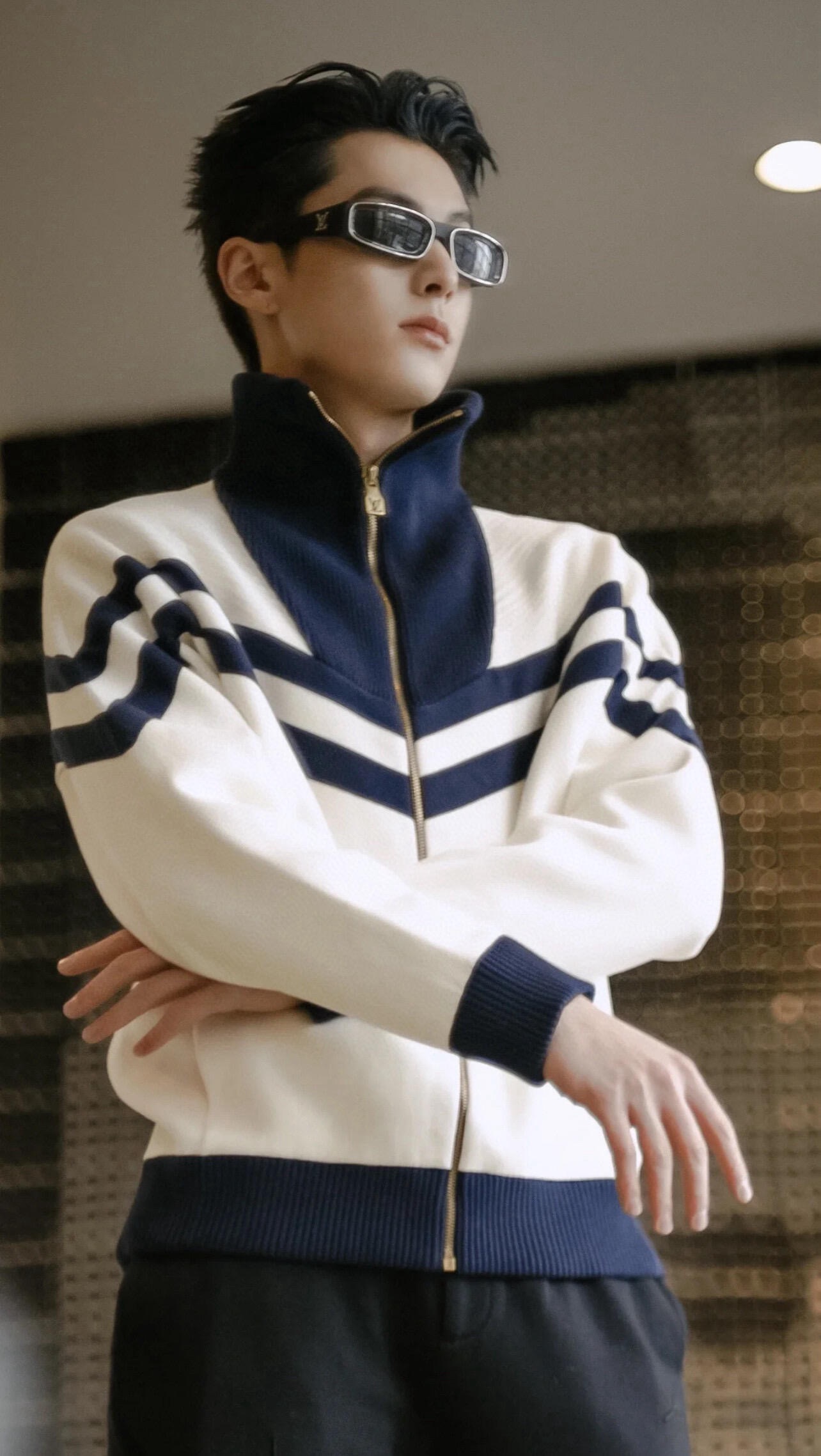 Cream Chevron-Stripe Zip Cardigan — product photograph