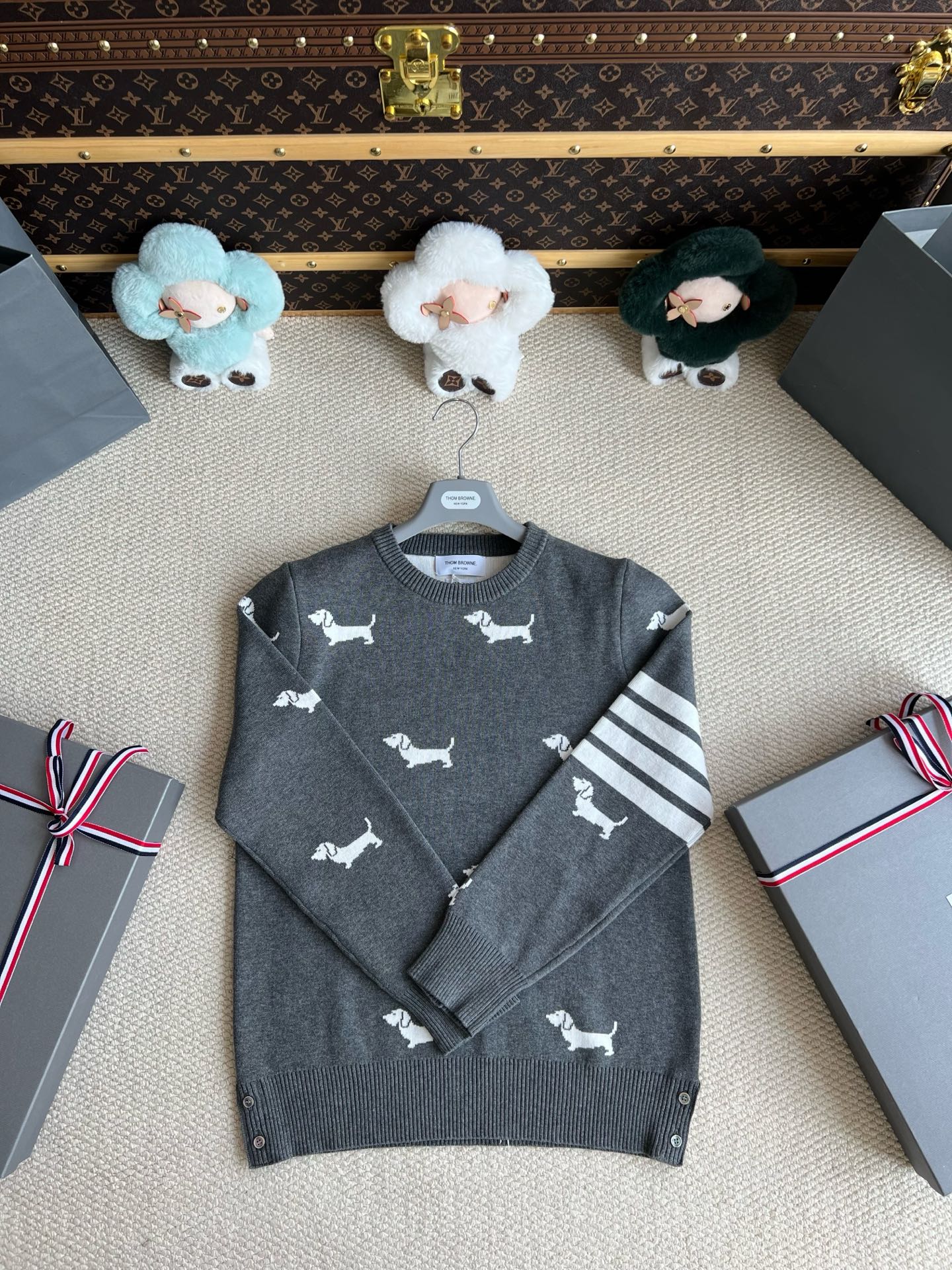 Allover Dog-Motif Four-Bar Sweater — product photograph