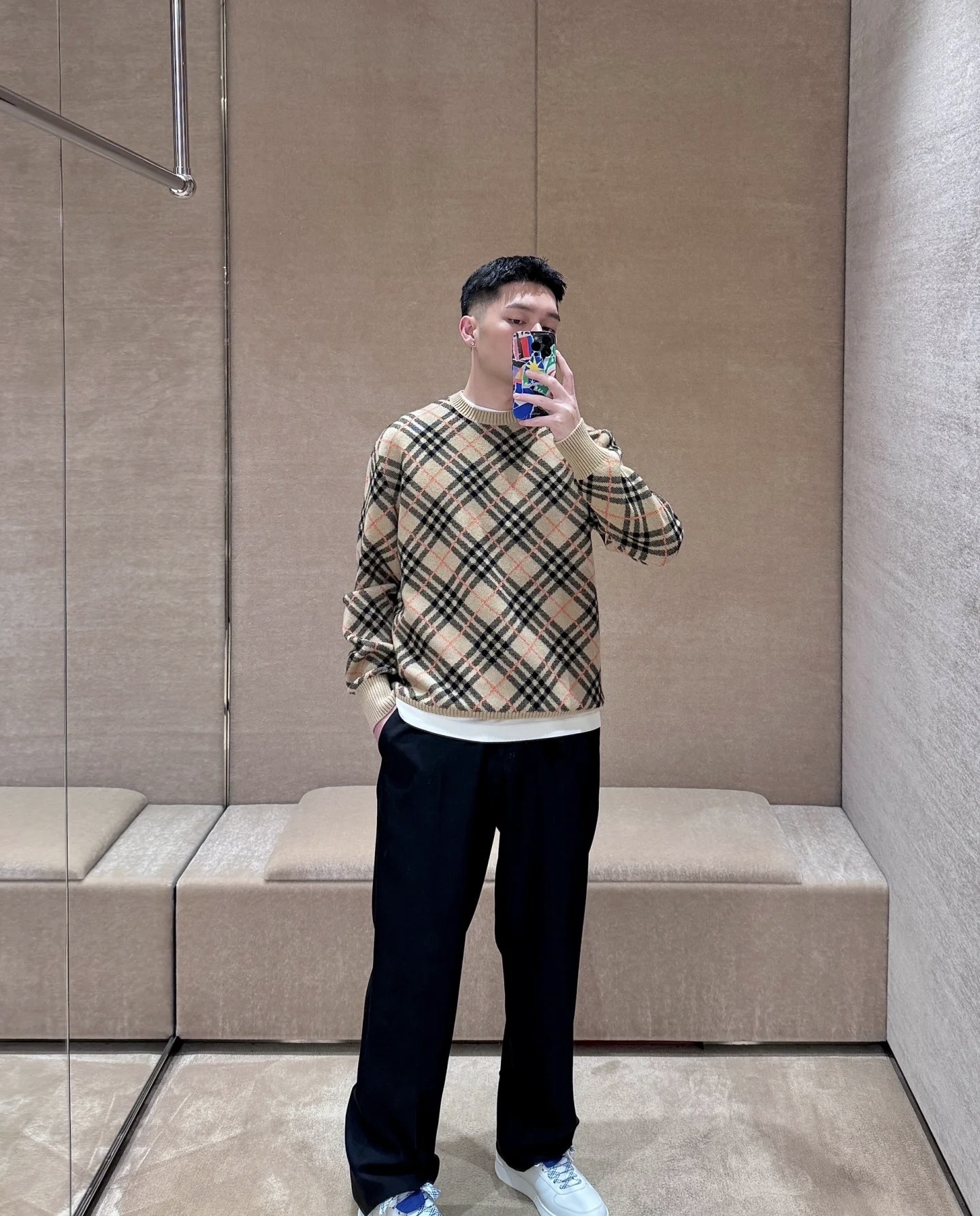 Diagonal-Check Crewneck Sweater — product photograph